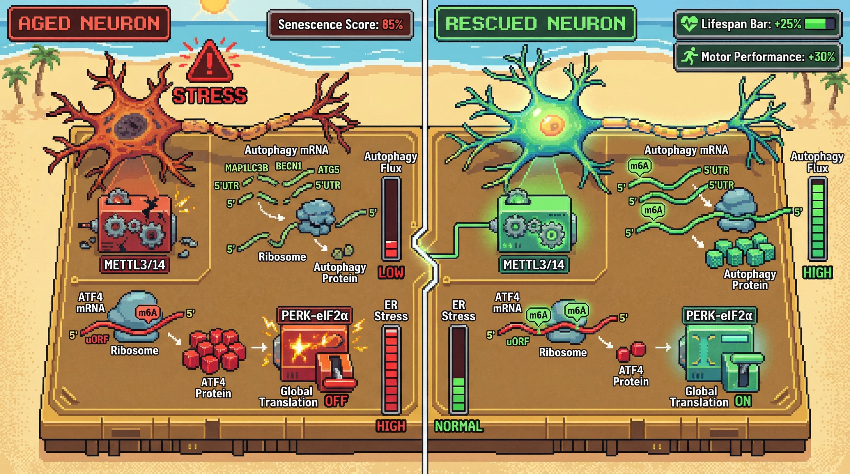 Infographic for: Neuronal METTL3/14 loss drives age‑associated autophagy failure via selective m6A loss on autophagy‑related transcripts and chronic PERK activation