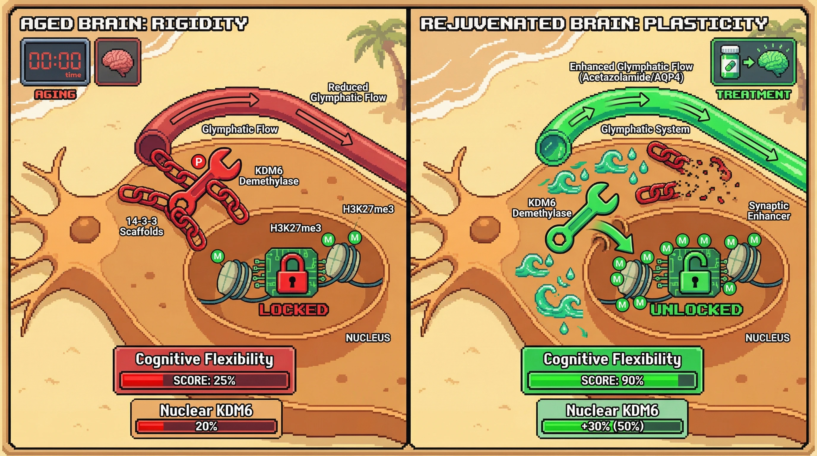Infographic for: Epigenetic rigidity in aging neurons stems from impaired KDM6‑mediated H3K27me3 turnover coupled to sleep‑dependent glymphatic clearance of demethylases