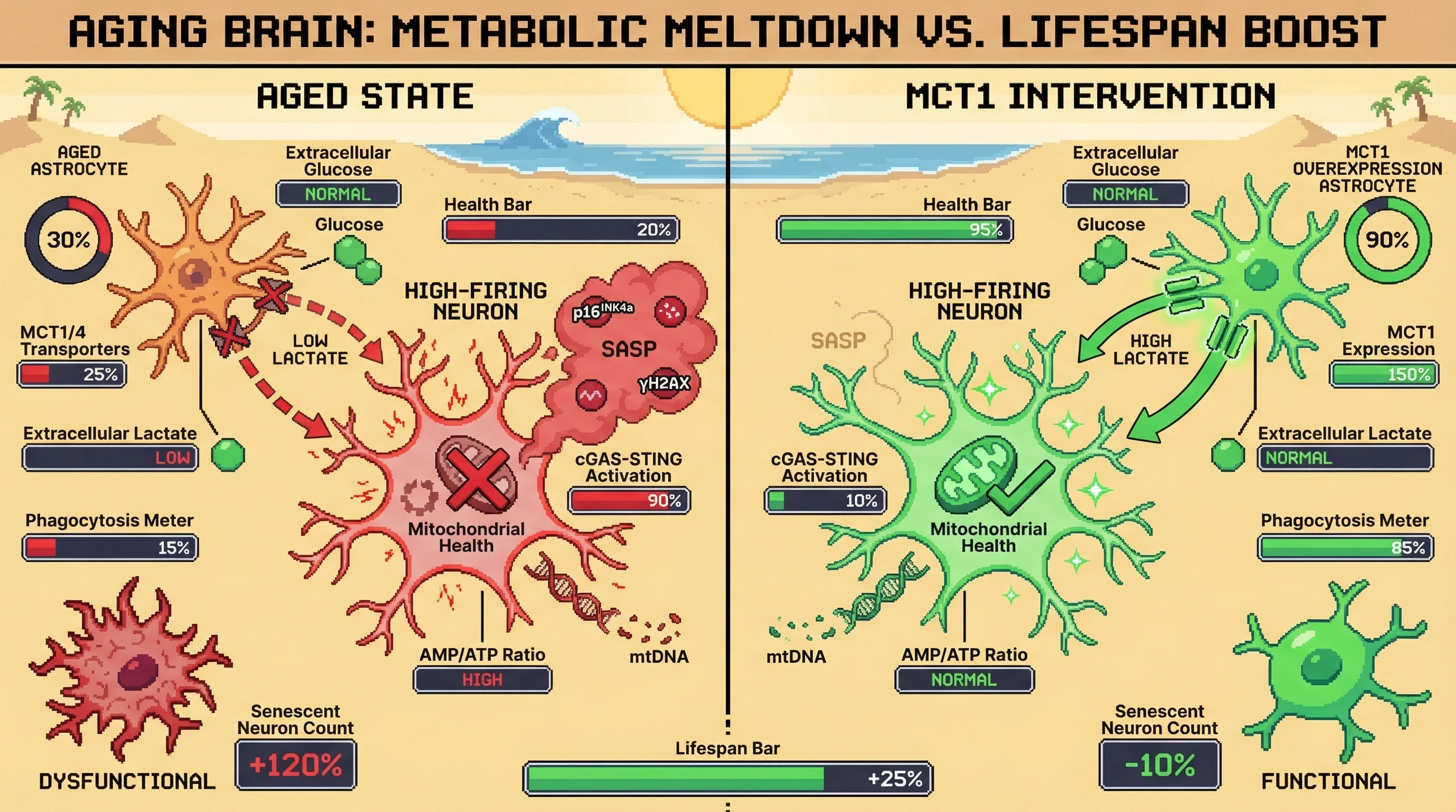 Infographic for: Energetic mismatch drives selective neuronal loss in aging via astrocyte‑neuron lactate shuttle failure, not activity‑dependent pruning