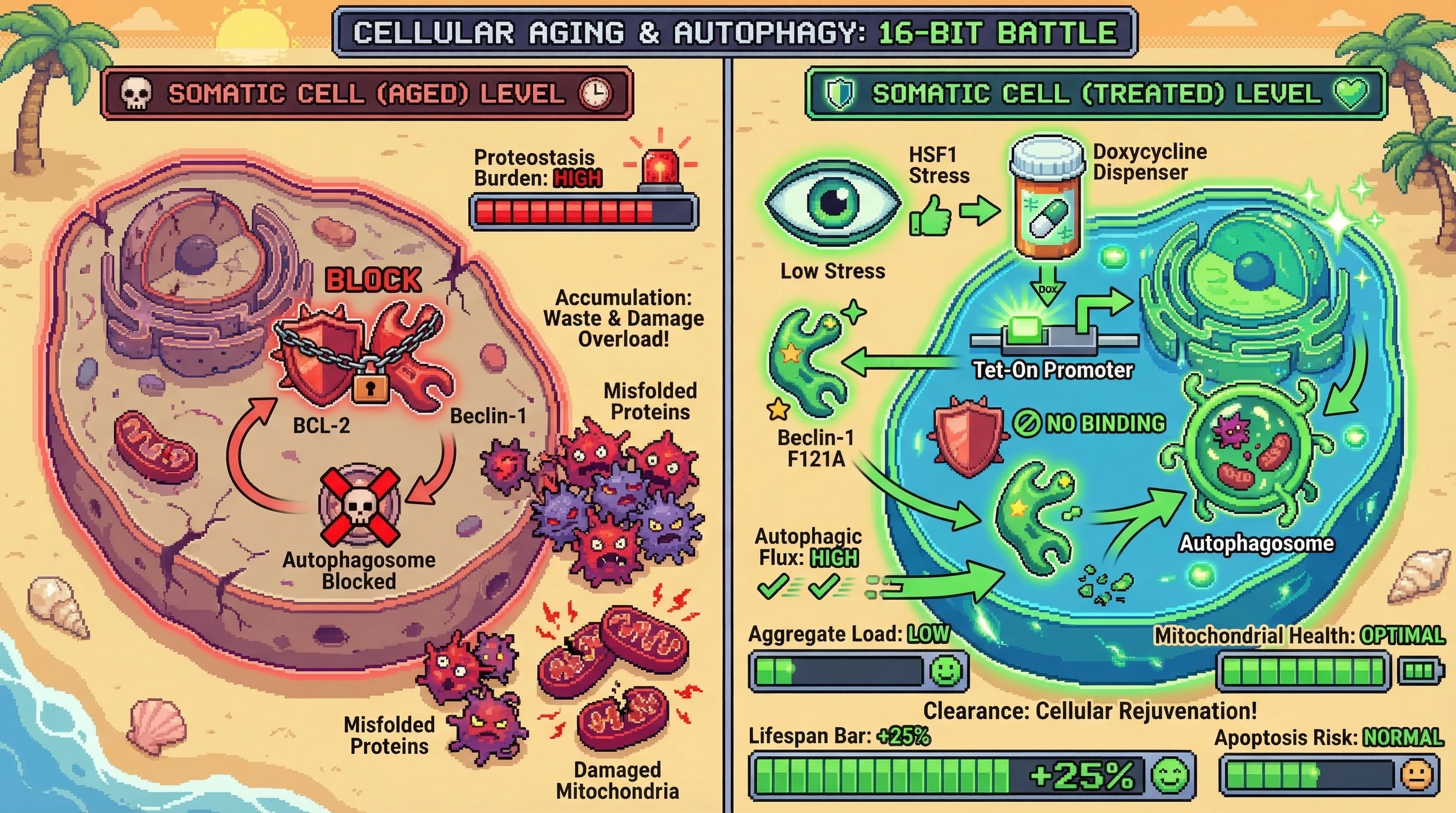 Mechanism: Inducible Beclin-1 F121A expression in somatic cells unblocks autophagy by preventing BCL-2 binding, mimicking germline-like proteostasis. Readout: Readout: This leads to reduced aggregate load, improved mitochondrial health, and a projected 25% increase in lifespan without compromising apoptosis.