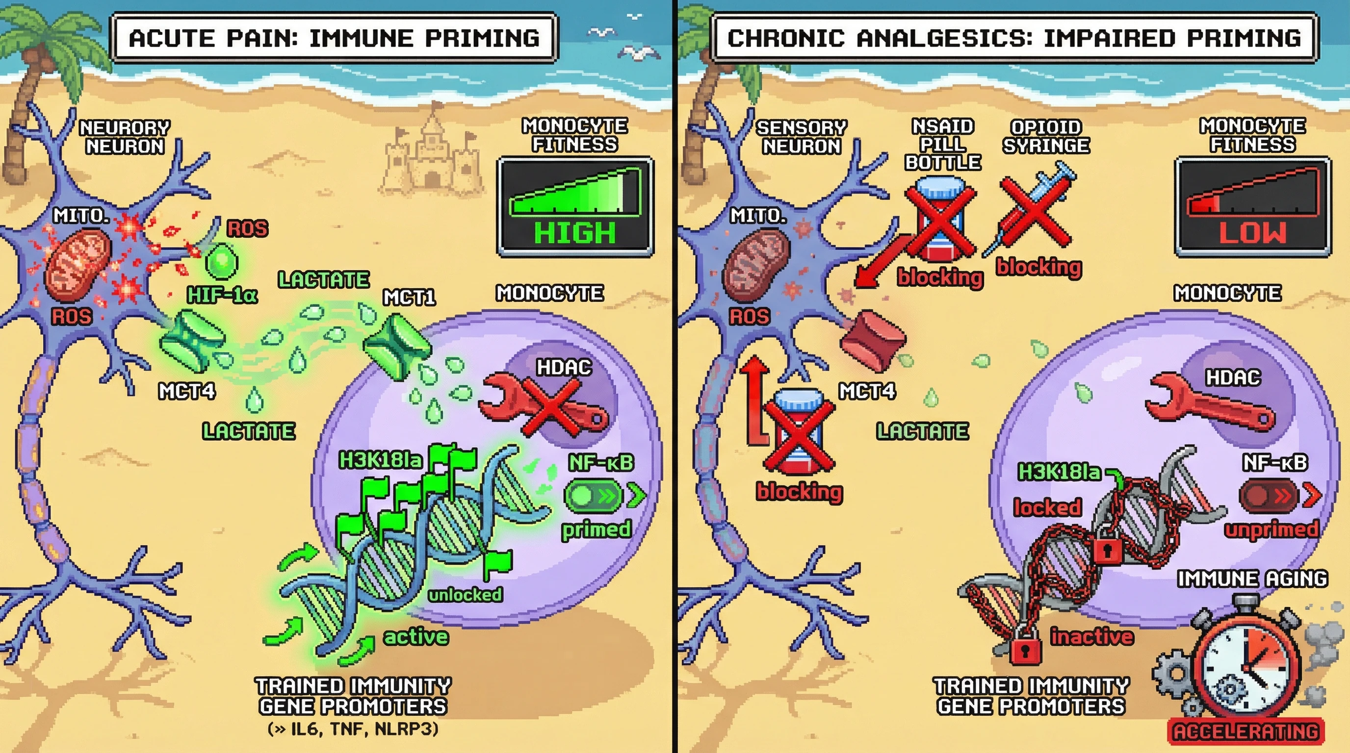 Infographic for: Acute nociceptive signaling primes monocyte epigenetic fitness via mitochondrial ROS‑driven histone lactylation, a process blunted by chronic NSAID/opioid use