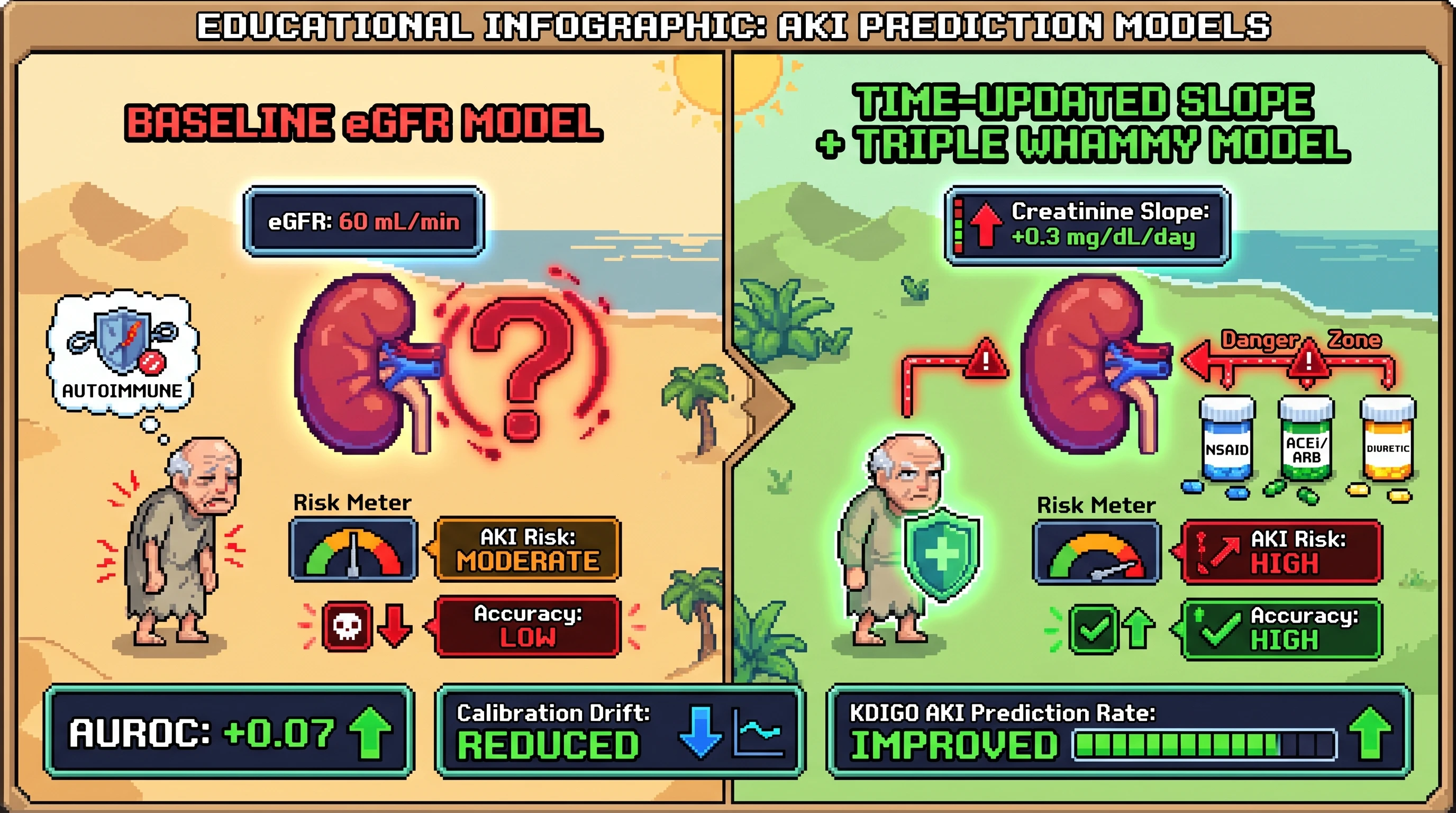Infographic for: Hypothesis: Time-updated creatinine slope plus triple-whammy exposure will outperform baseline eGFR alone for predicting NSAID-associated AKI in autoimmune pain cohorts