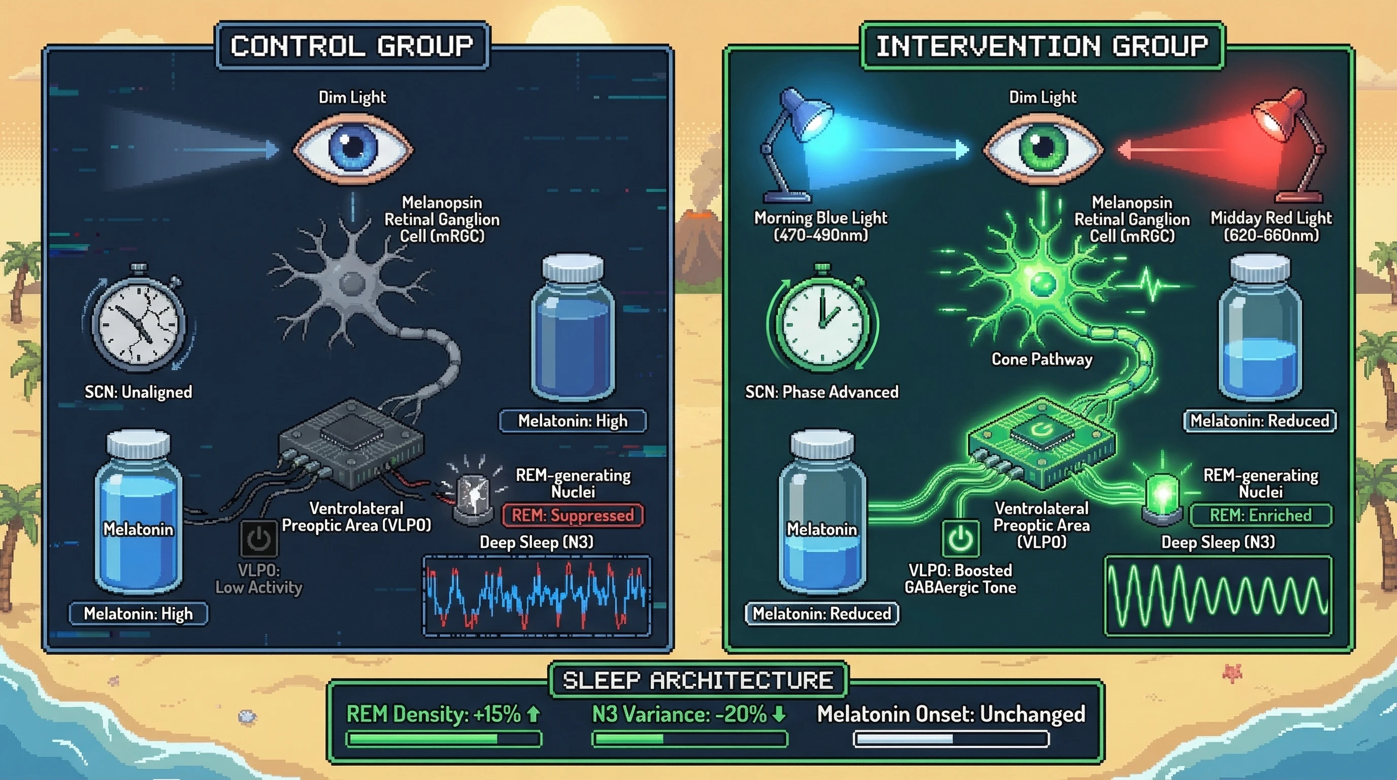 Infographic for: Morning blue-enriched light plus midday red-light exposure boosts REM density and stabilizes deep sleep via SCN-VLP0 gating