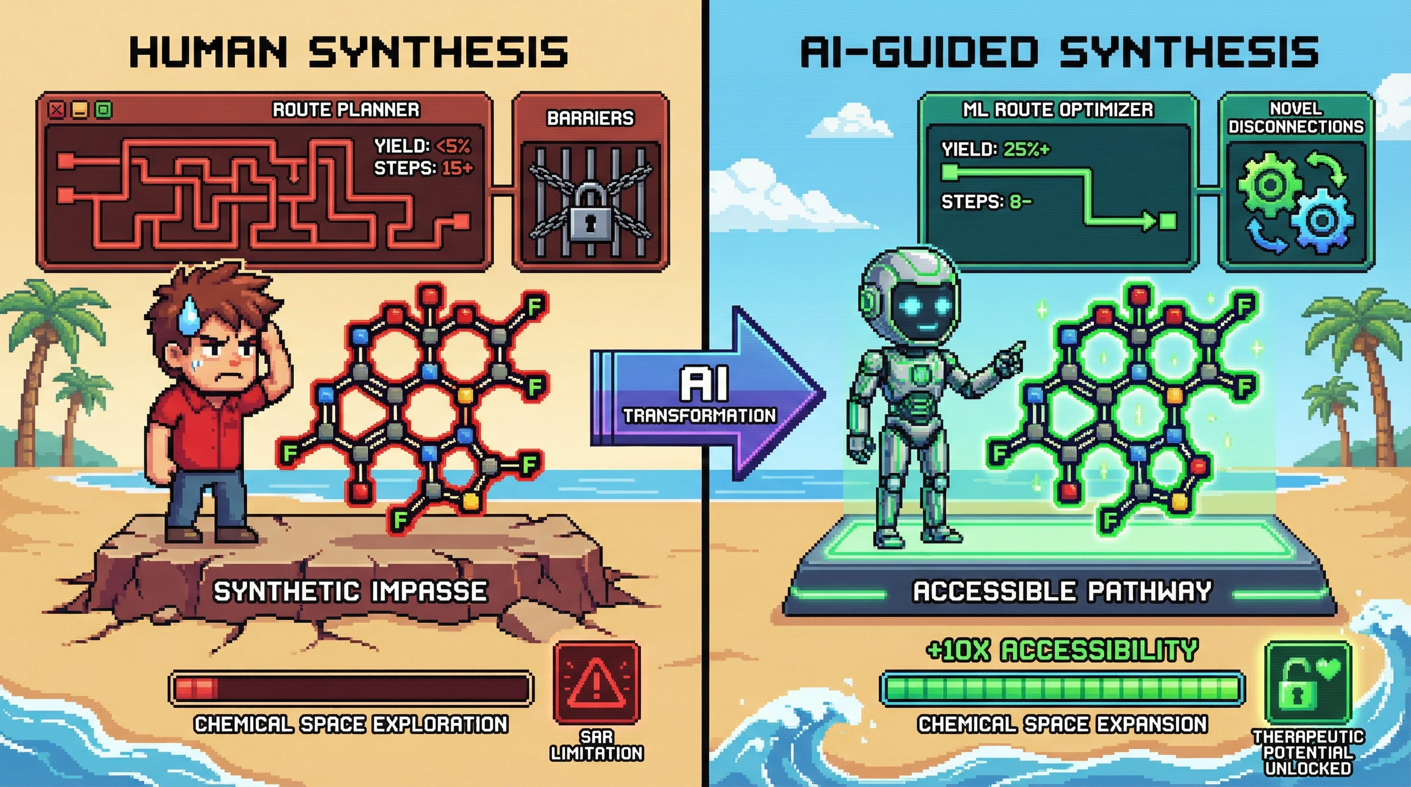 Infographic for: AI-Guided Synthesis Unlocks Impossible Chemical Space—Machine Learning Designs Routes to Previously Inaccessible SAR Territories