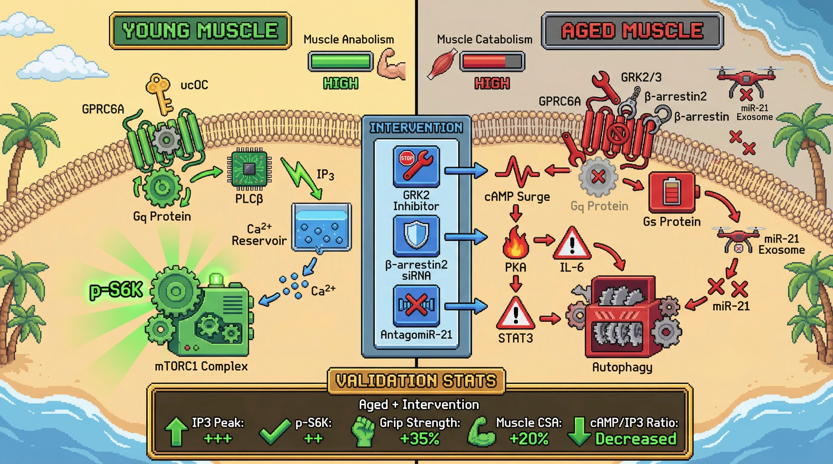 Mechanism: Aging remodels the GPRC6A receptor in muscle, shifting its signaling from anabolic Gq/mTORC1 to catabolic Gs/autophagy via GRK/β-arrestin and exosomal miR-21. Readout: Readout: Inhibiting GRK2 or miR-21 in aged muscle restores anabolic IP3/p-S6K signaling, increases grip strength by 35%, and muscle cross-sectional area by 20%.