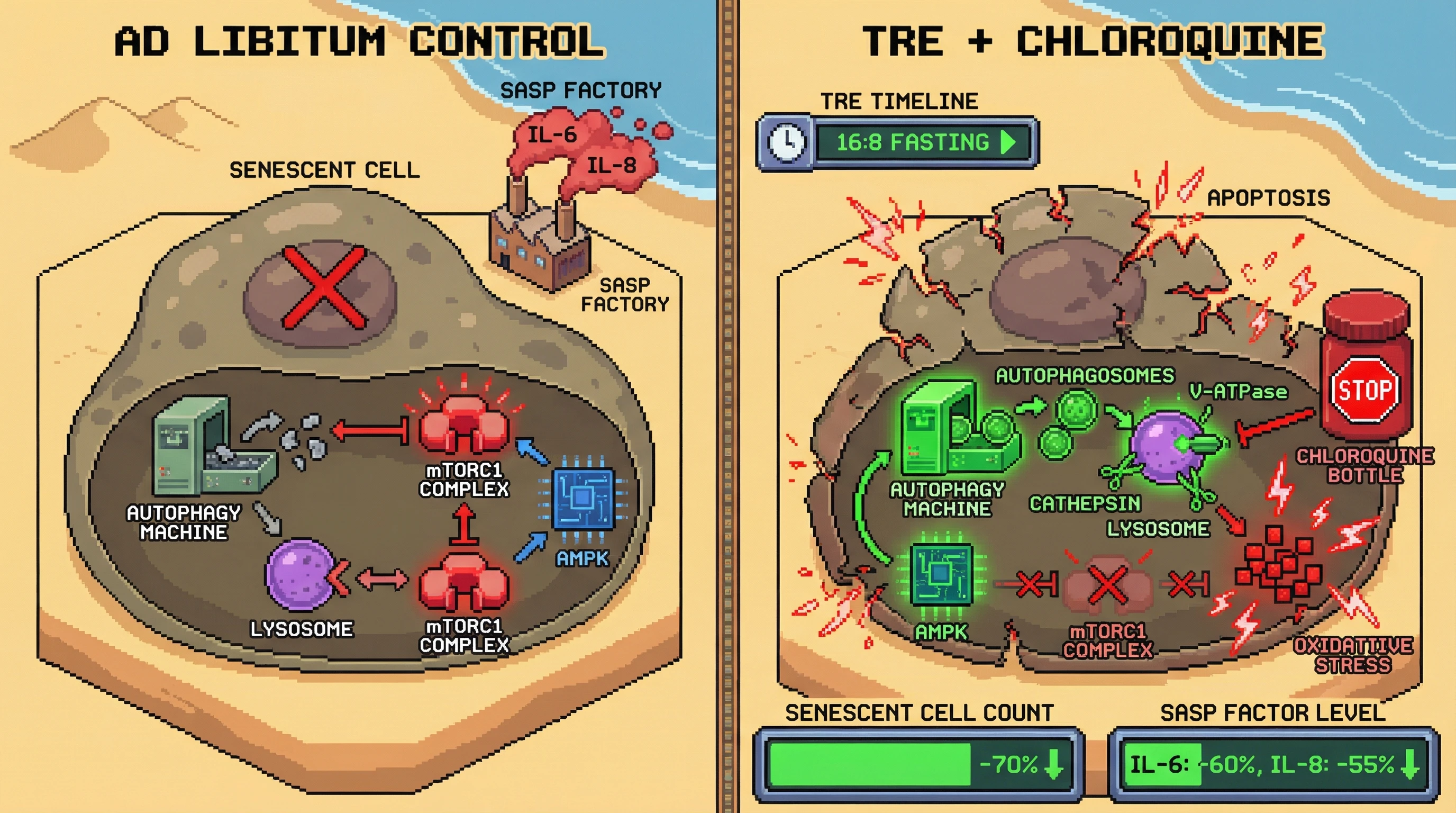 Infographic for: Siege‑Then‑Blockade: Time‑Restricted Eating Primes Senescent Cells for Autophagy‑Dependent Senolysis via Lysosomal Priming
