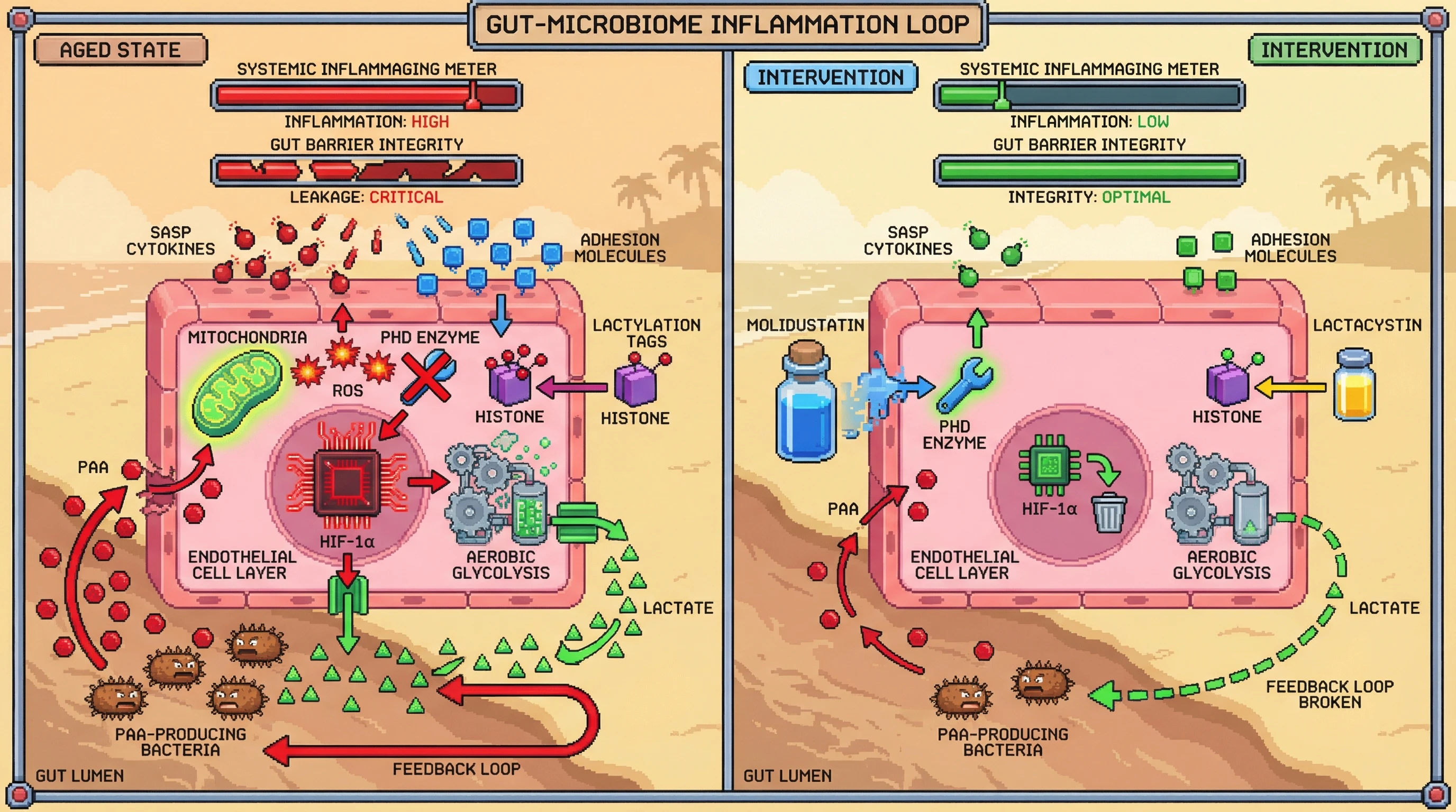 Mechanism: Gut-derived PAA stabilizes endothelial HIF-1α, driving lactate export that fuels PAA-producing bacteria and promotes systemic inflammaging via histone lactylation. Readout: Readout: Inhibiting endothelial HIF-1α or histone lactylation reduces lactate secretion, decreases PAA-producing bacteria, and lowers systemic inflammation.