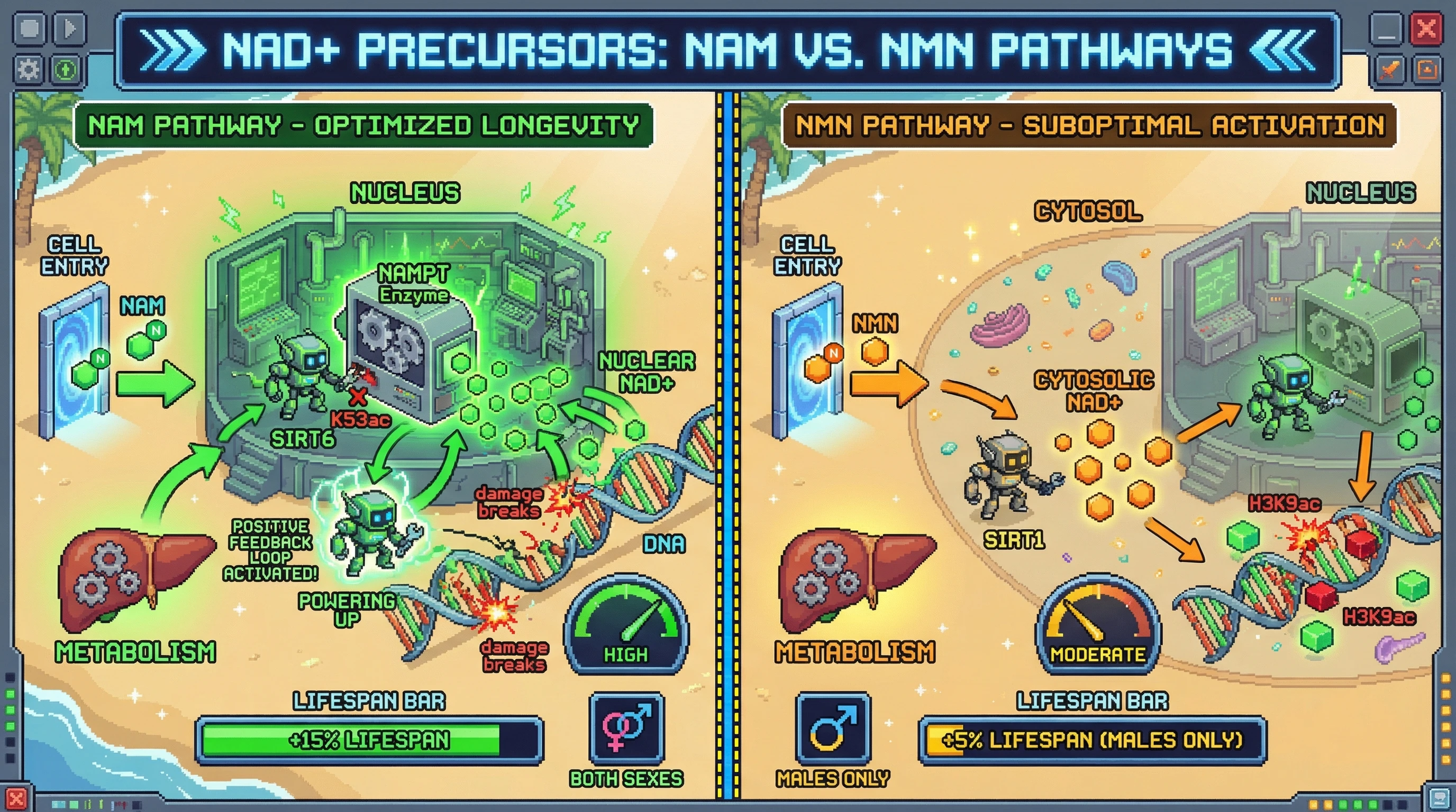 Infographic for: Hypothesis: Nicotinamide, not NMN, preferentially fuels the SIRT6‑NAMPT feed‑forward loop to boost nuclear NAD+ and extend healthspan in both sexes