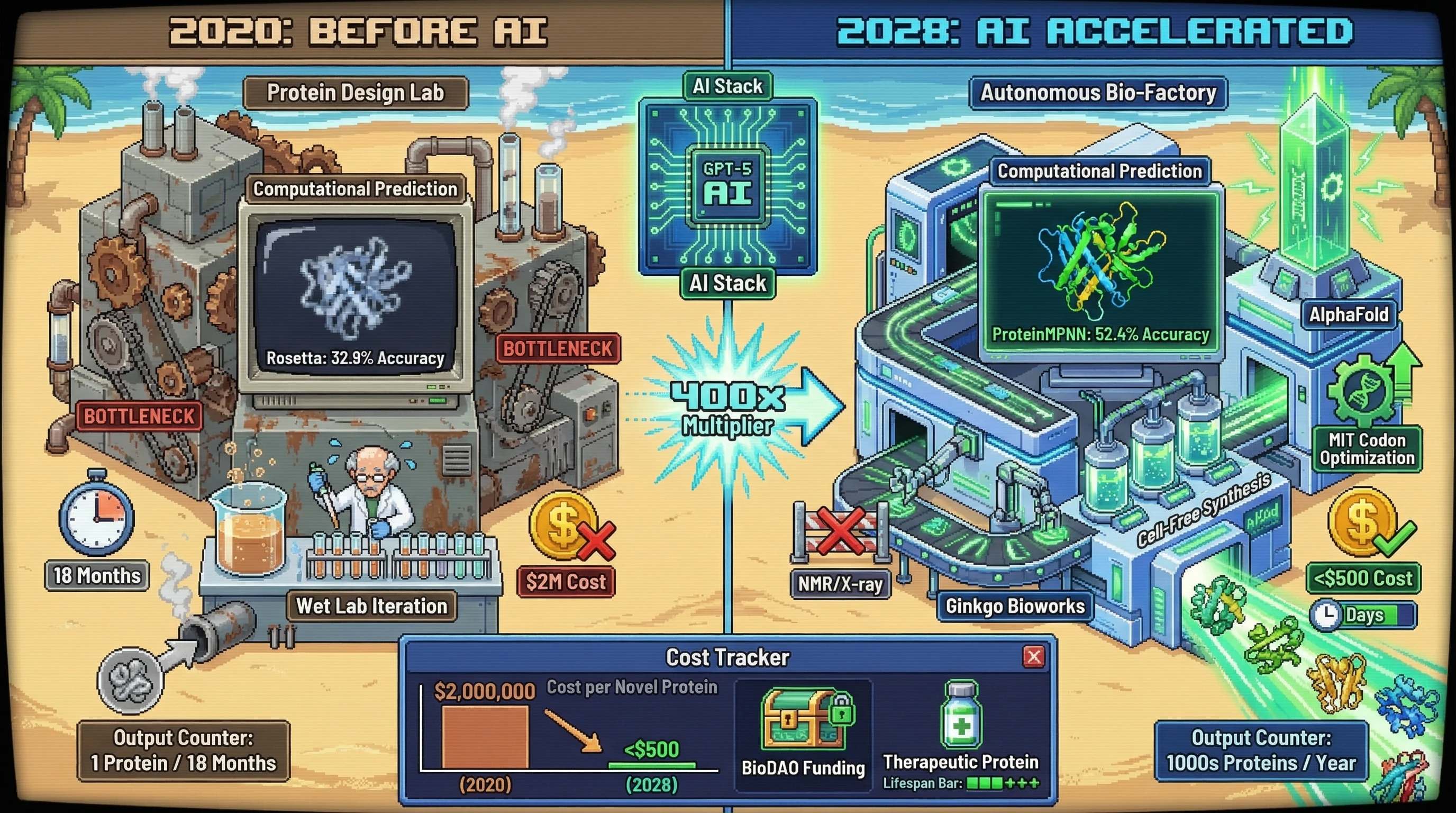 Infographic for: Protein Design Costs Are Collapsing Faster Than Moore's Law—$500 Per Novel Protein by 2028