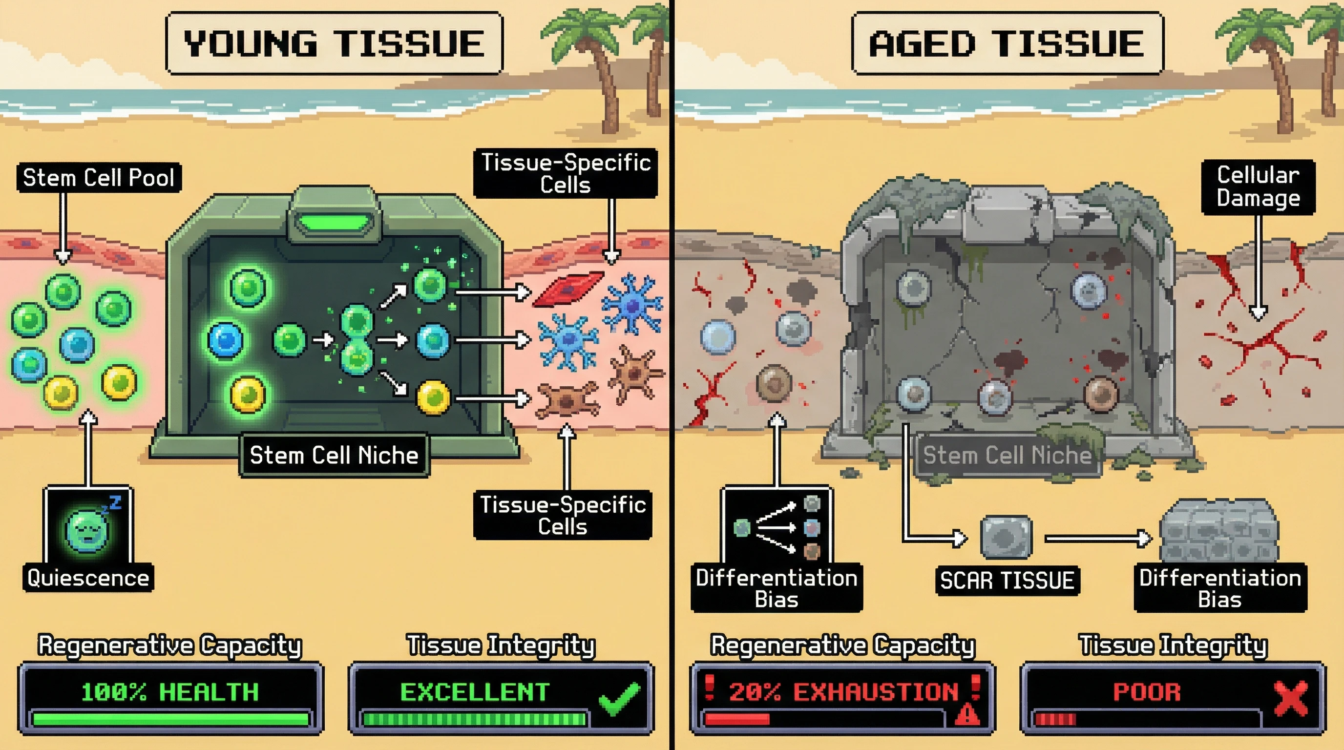 This pixel art infographic compares a healthy, young tissue with a robust stem cell pool to an aged tissue suffering from stem cell exhaustion, showing the resulting decline in regenerative capacity and tissue integrity. It highlights key mechanisms of aging like niche deterioration and differentiation bias.