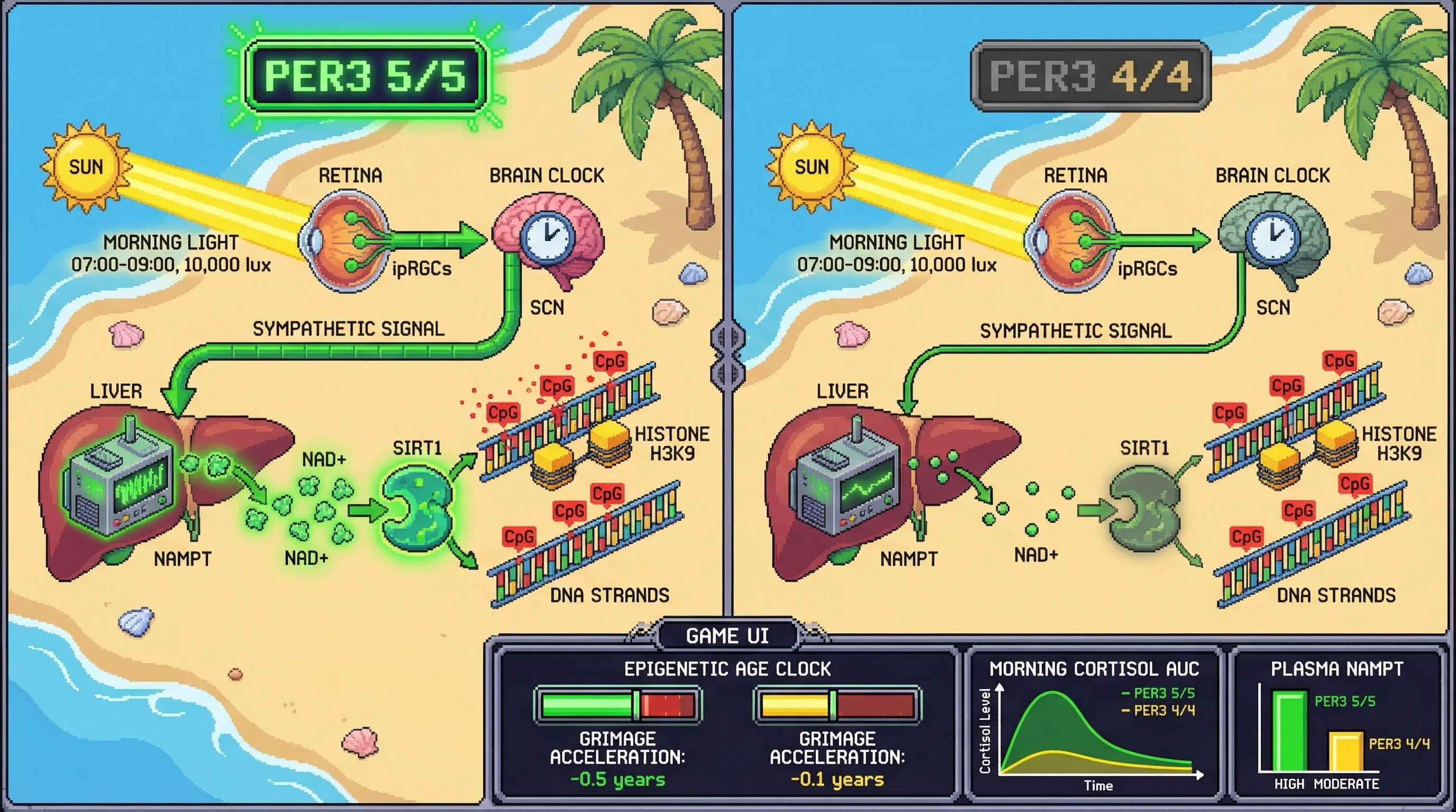 Infographic for: Personalized Morning Light Exposure Based on PER3 Genotype Slows Epigenetic Aging via NAD+-SIRT1 Pathway
