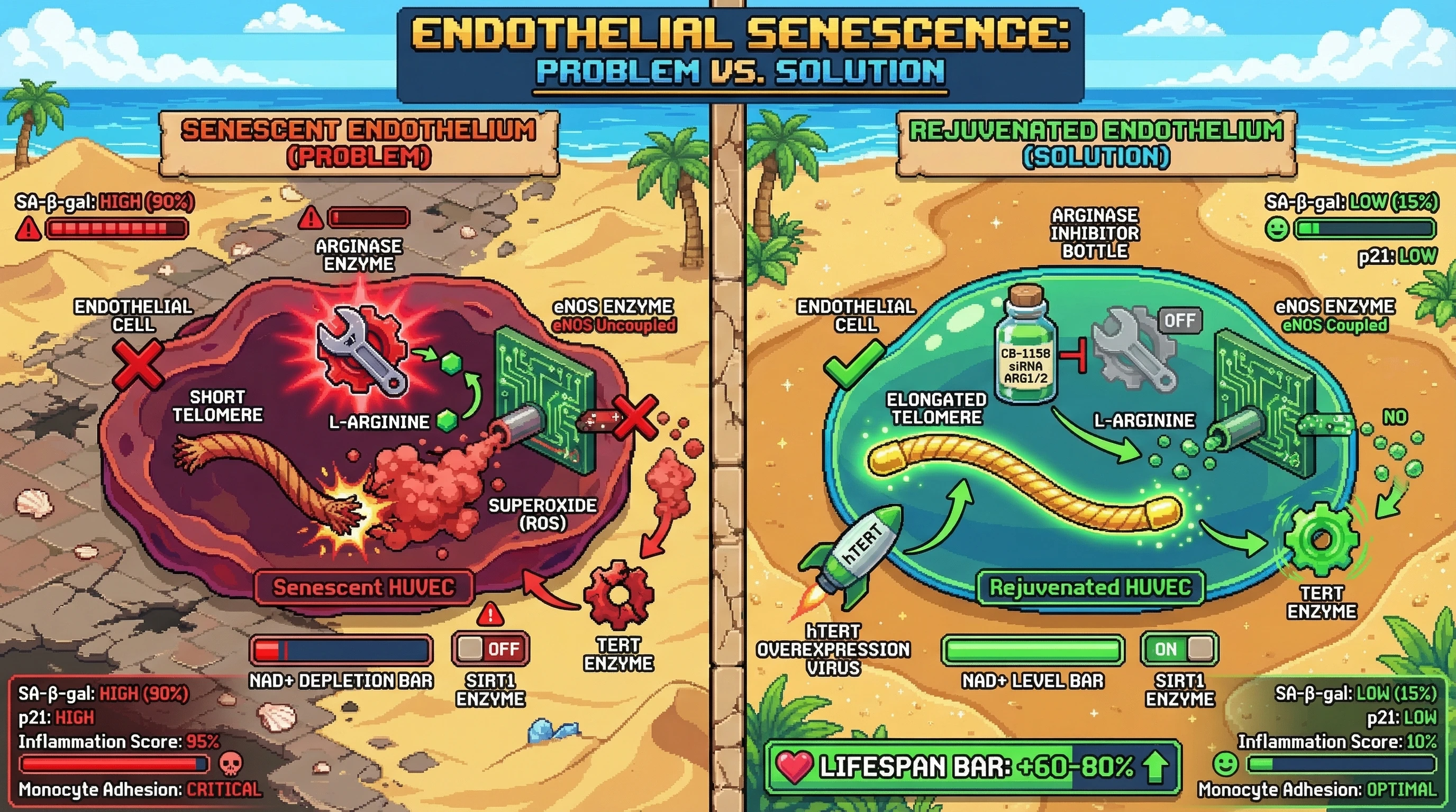 Infographic for: Germline‑grade selection coupled with telomerase reactivation reprograms endothelial senescence by breaking the arginase‑eNOS‑ROS telomere attrition loop