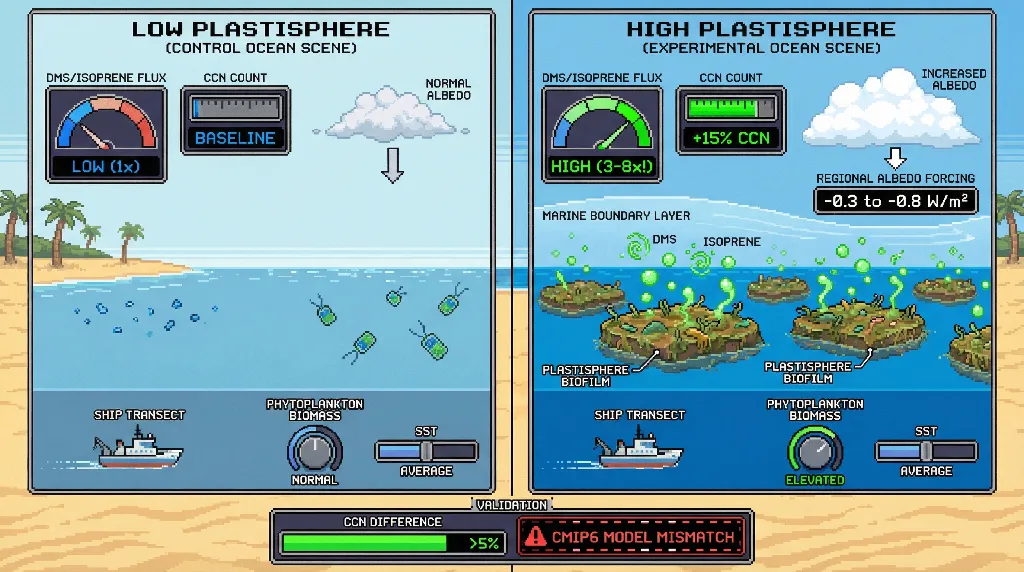 Infographic for: Microplastic Biofilms Seed Marine Cloud Nuclei, Amplifying Regional Albedo Beyond Model Projections