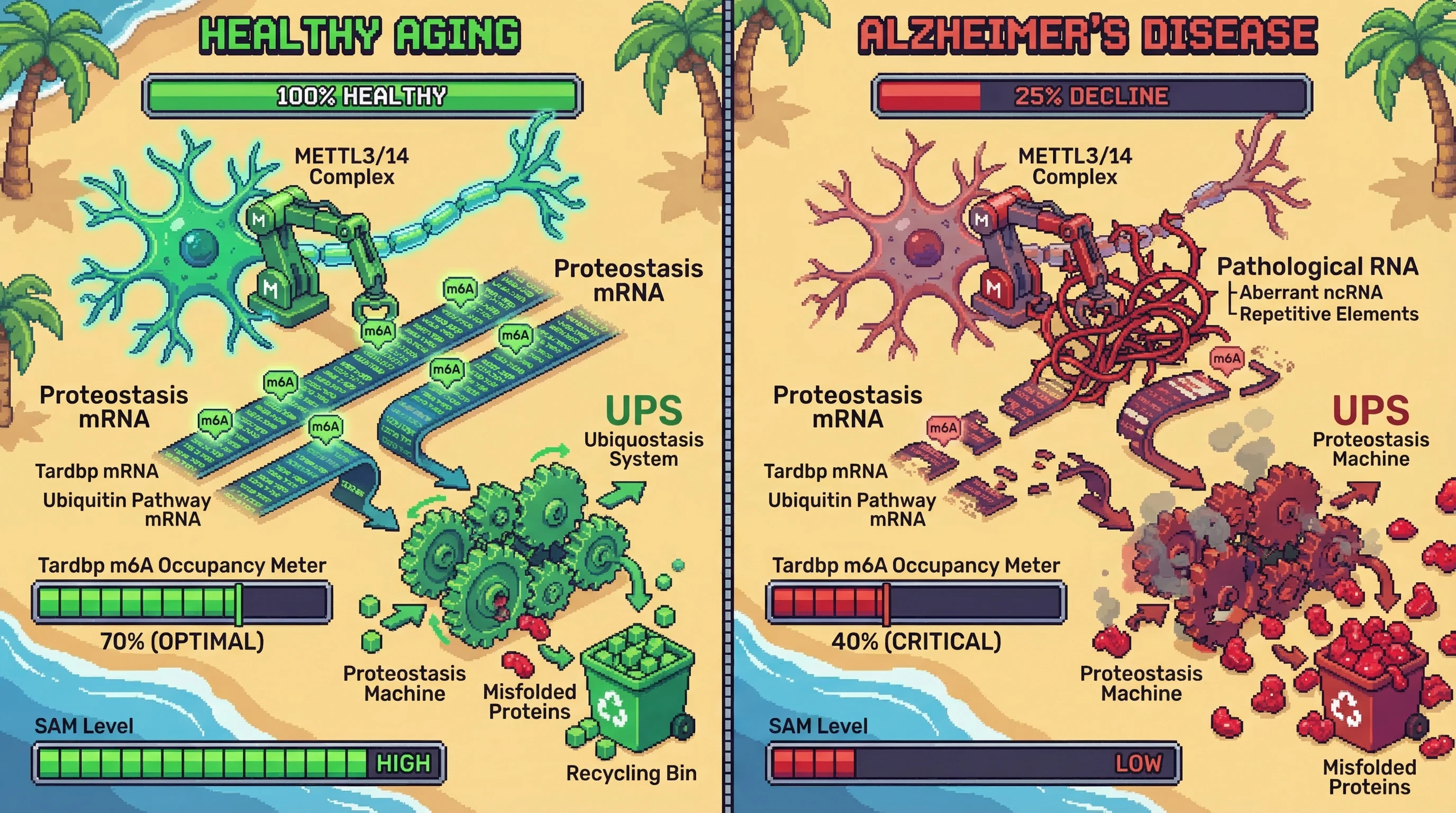 Infographic for: The m6A Proteostatic Rheostat: A Sequestration Model for the Transition from Healthy Aging to Alzheimer’s Disease
