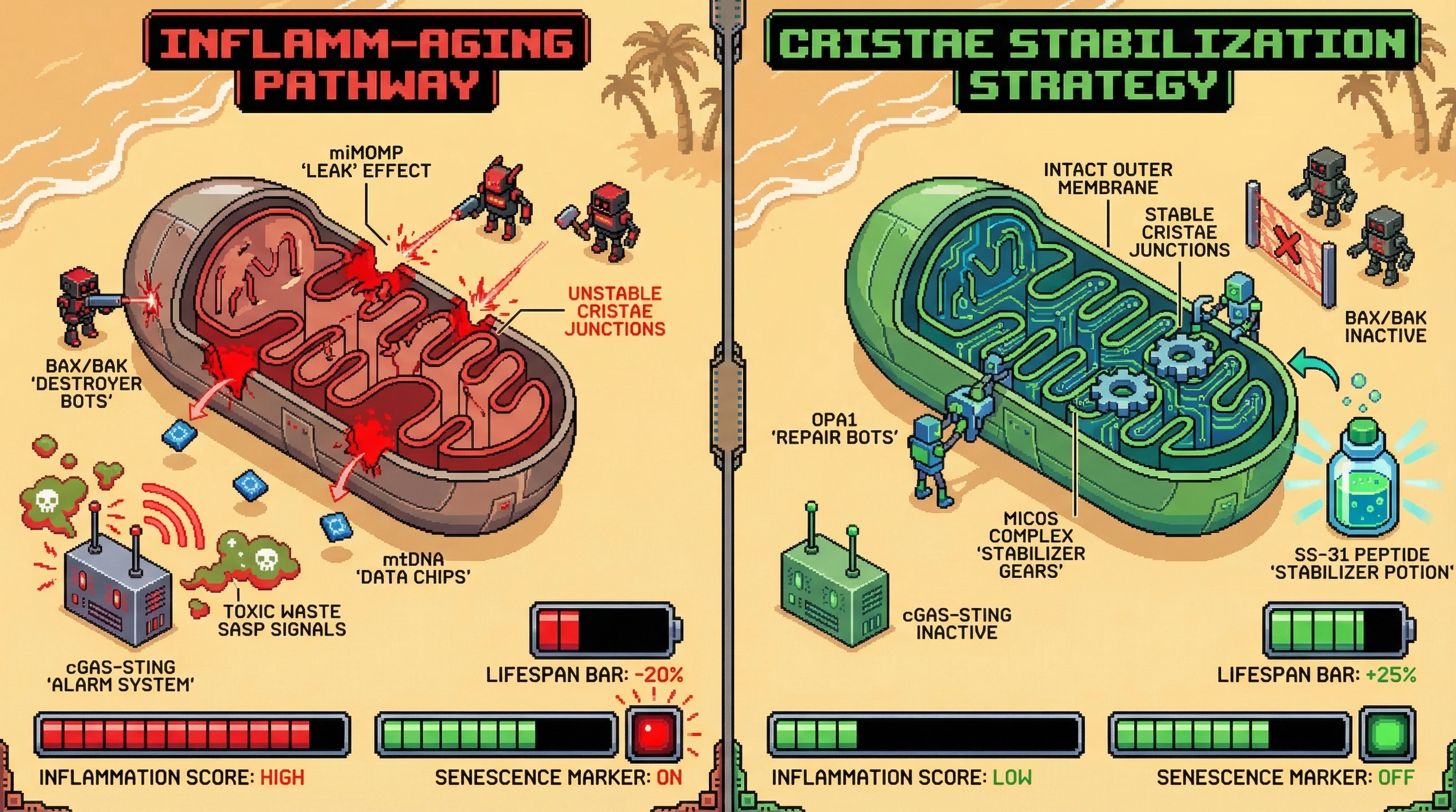 Infographic for: Cristae Stabilization as a Gatekeeper of Mitochondrial DNA‑Driven Inflammaging