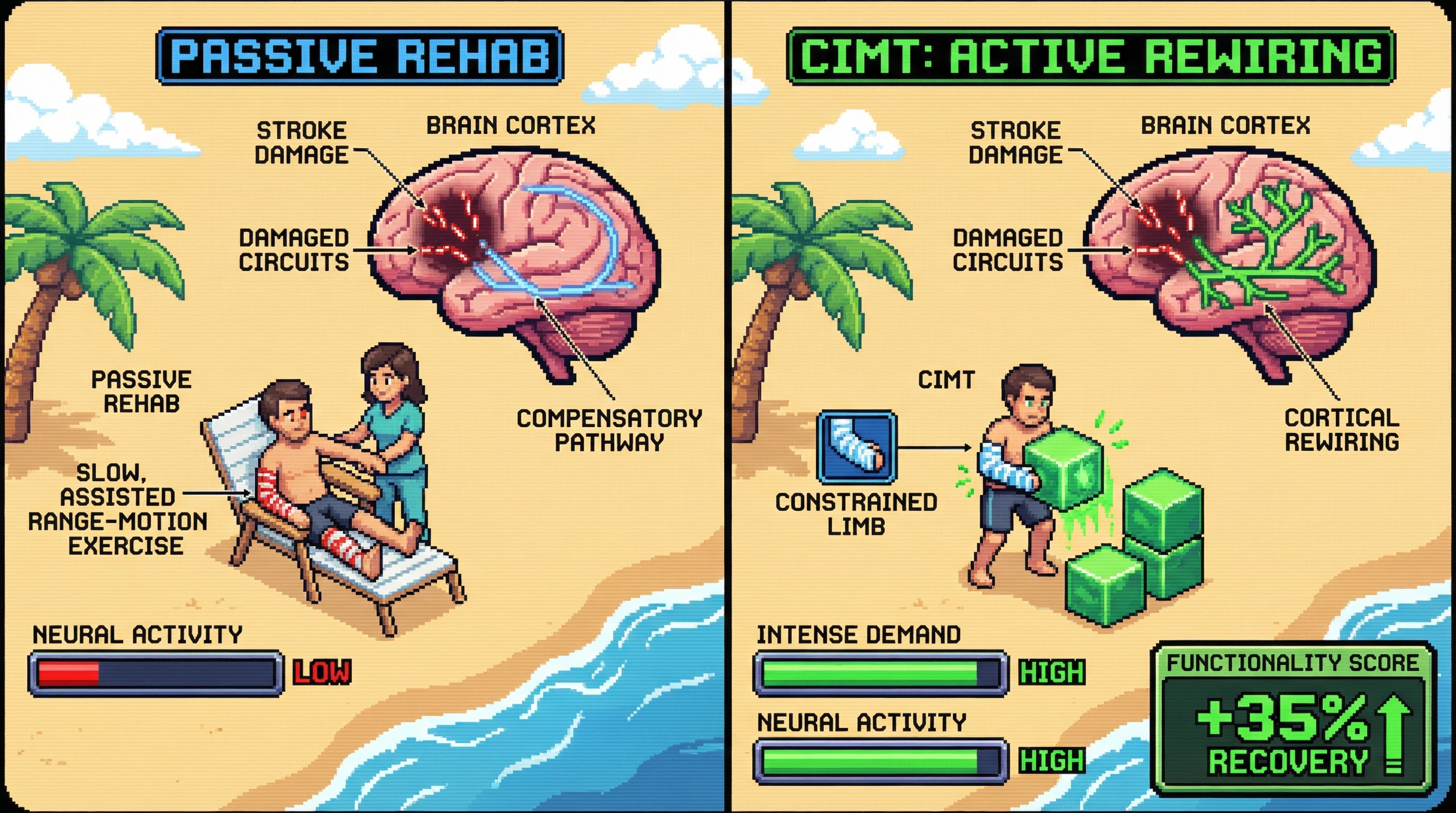 Infographic for: Stroke Recovery Requires Forcing Cortical Rewiring—Intensive Task Practice Beats Passive Exercise