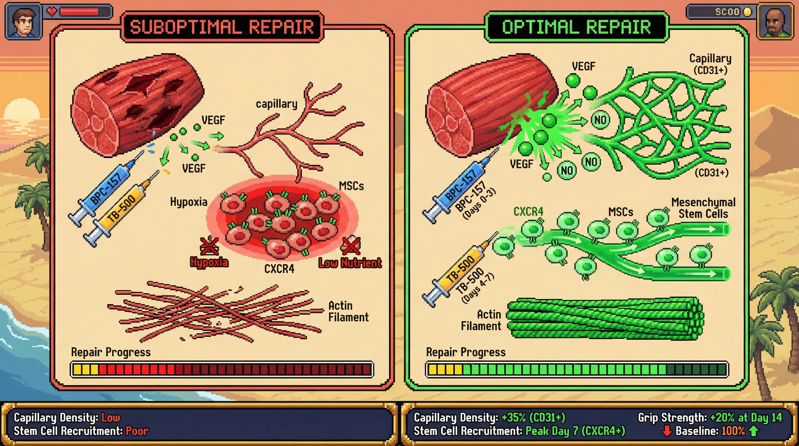 Mechanism: Sequential BPC-157 administration primes the muscle microenvironment with VEGF/NO-driven angiogenesis, creating a nutrient-rich niche for subsequent TB-500-driven mesenchymal stem cell recruitment and actin polymerization. Readout: Readout: This sequential approach leads to significantly higher capillary density, optimized stem cell migration, and enhanced functional recovery compared to concurrent peptide delivery.