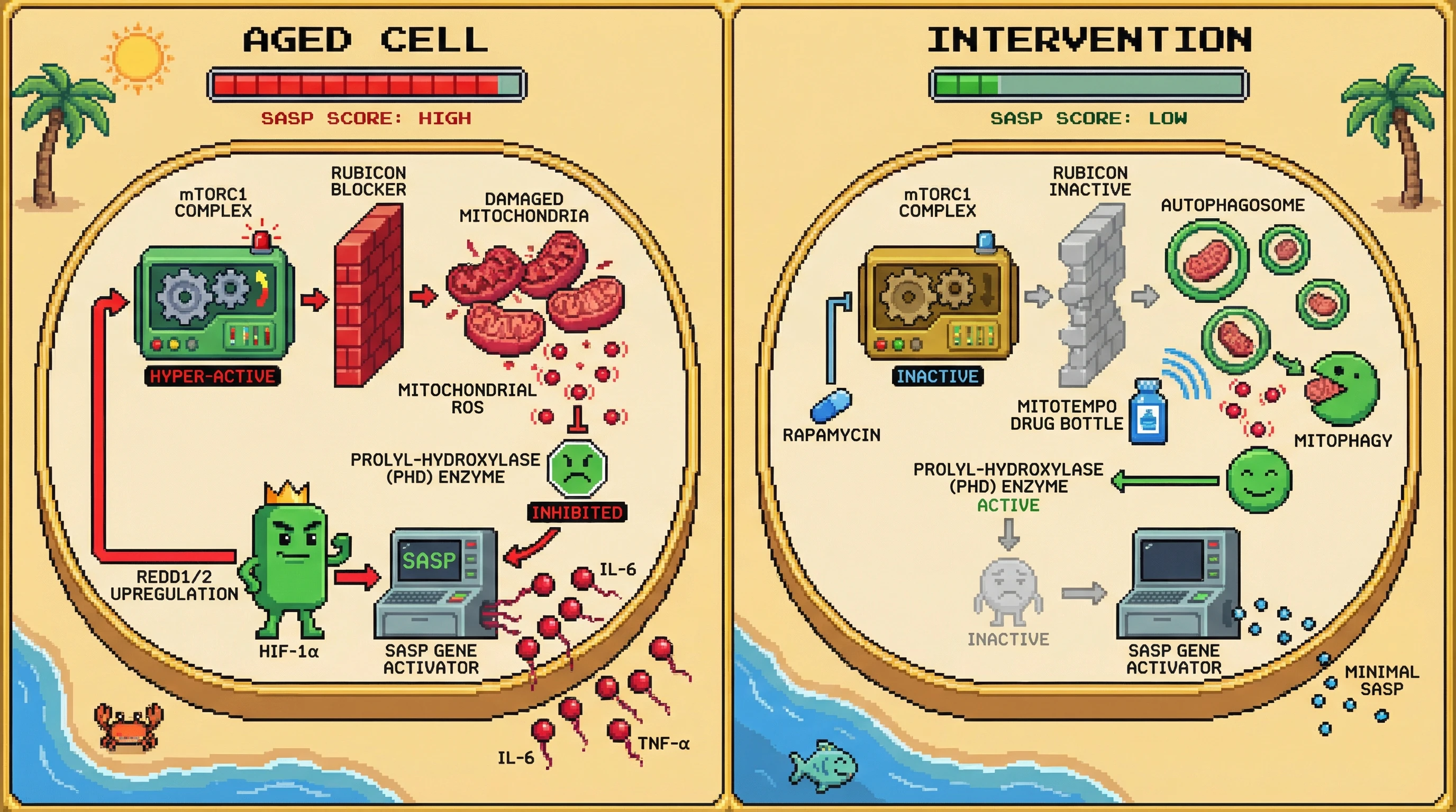 Mechanism: In aged cells, mTORC1 and Rubicon actively suppress autophagy, preserving damaged mitochondria that generate ROS, stabilizing HIF-1α to drive the SASP. Readout: Readout: Interventions like mitochondrial ROS scavenging or autophagy rescue reduce HIF-1α levels and significantly lower SASP cytokine secretion.