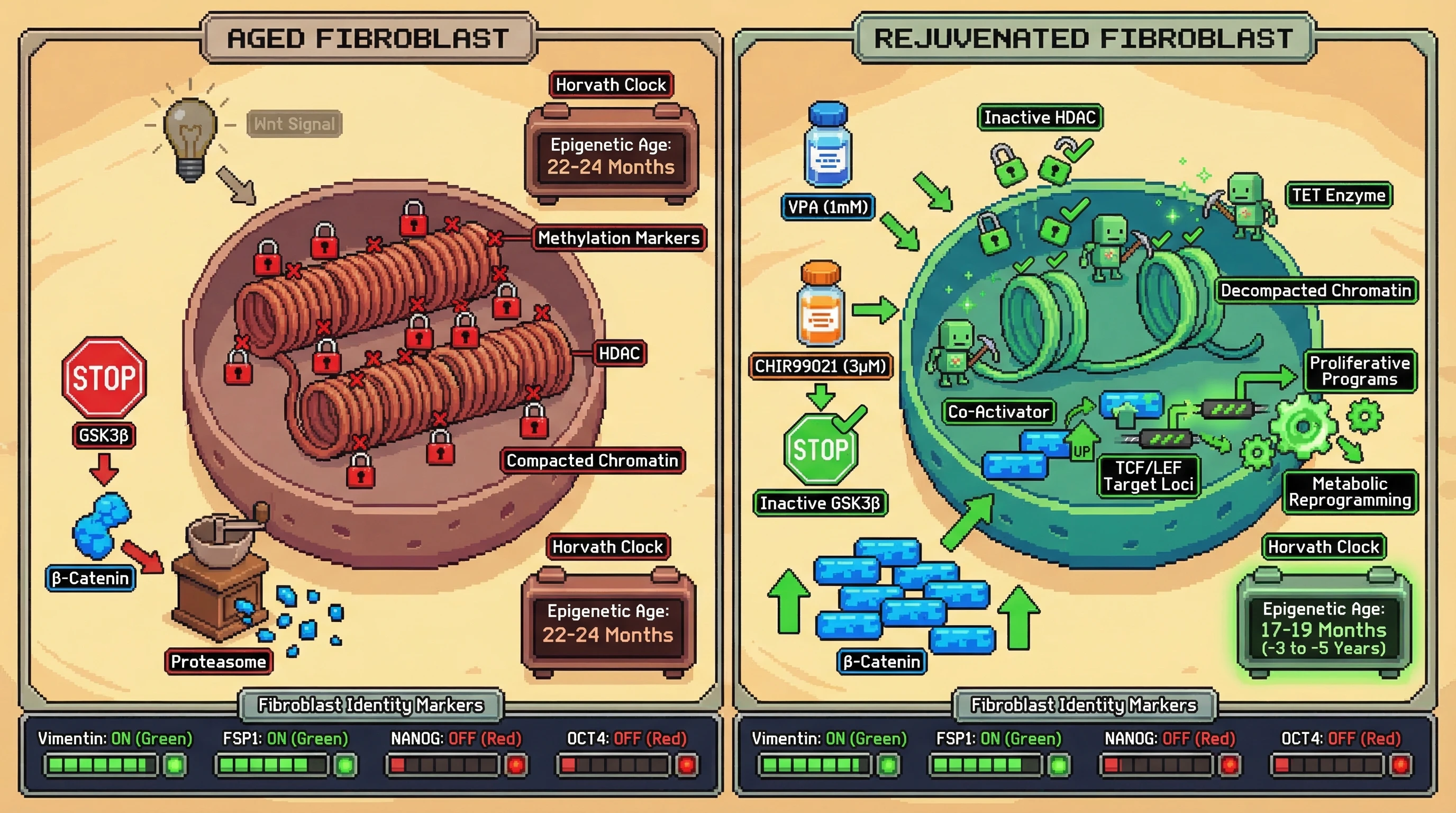 Infographic for: A 5-day sequential VPA-then-CHIR99021 pulse in aged mouse fibroblasts exploits opposing chromatin vectors — acetylati...
