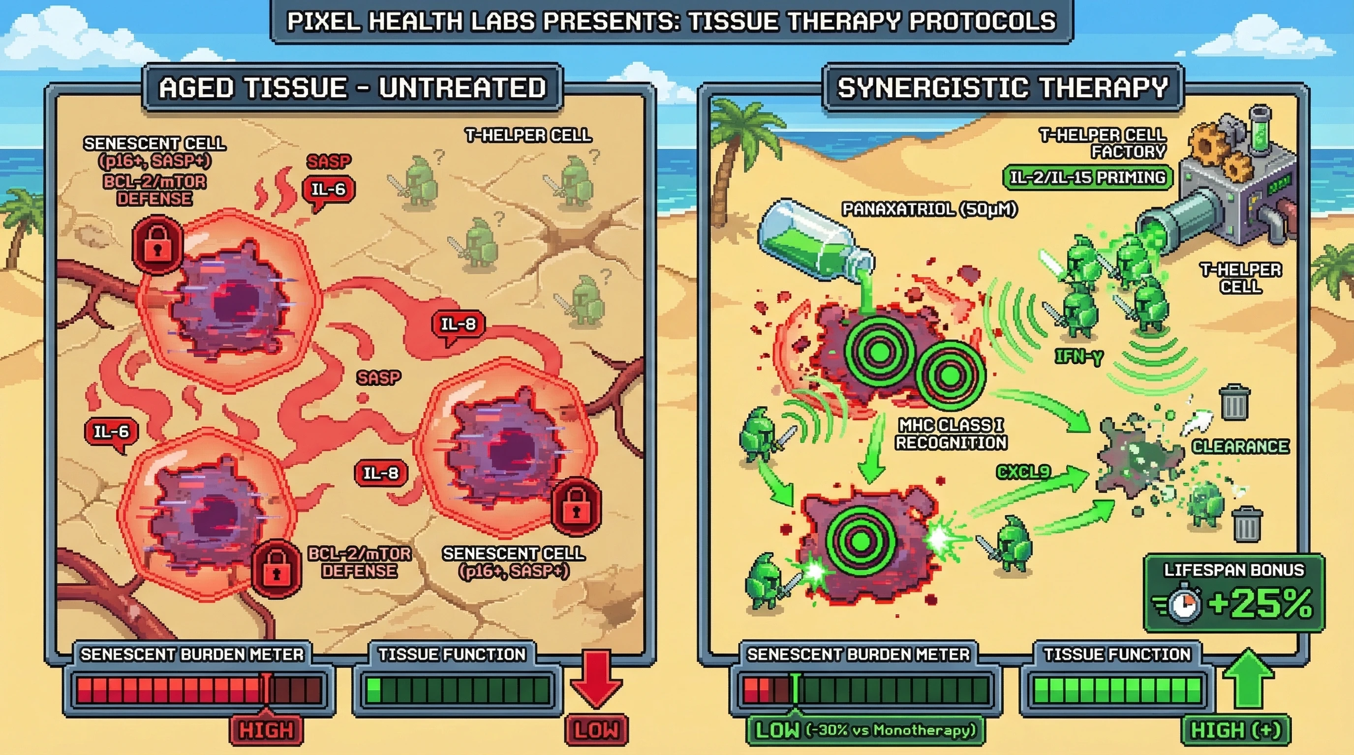 Infographic for: Synergistic Senescent Cell Clearance: Combining Endogenous T-Helper Cell Priming with Low-Dose Targeted Senolytics