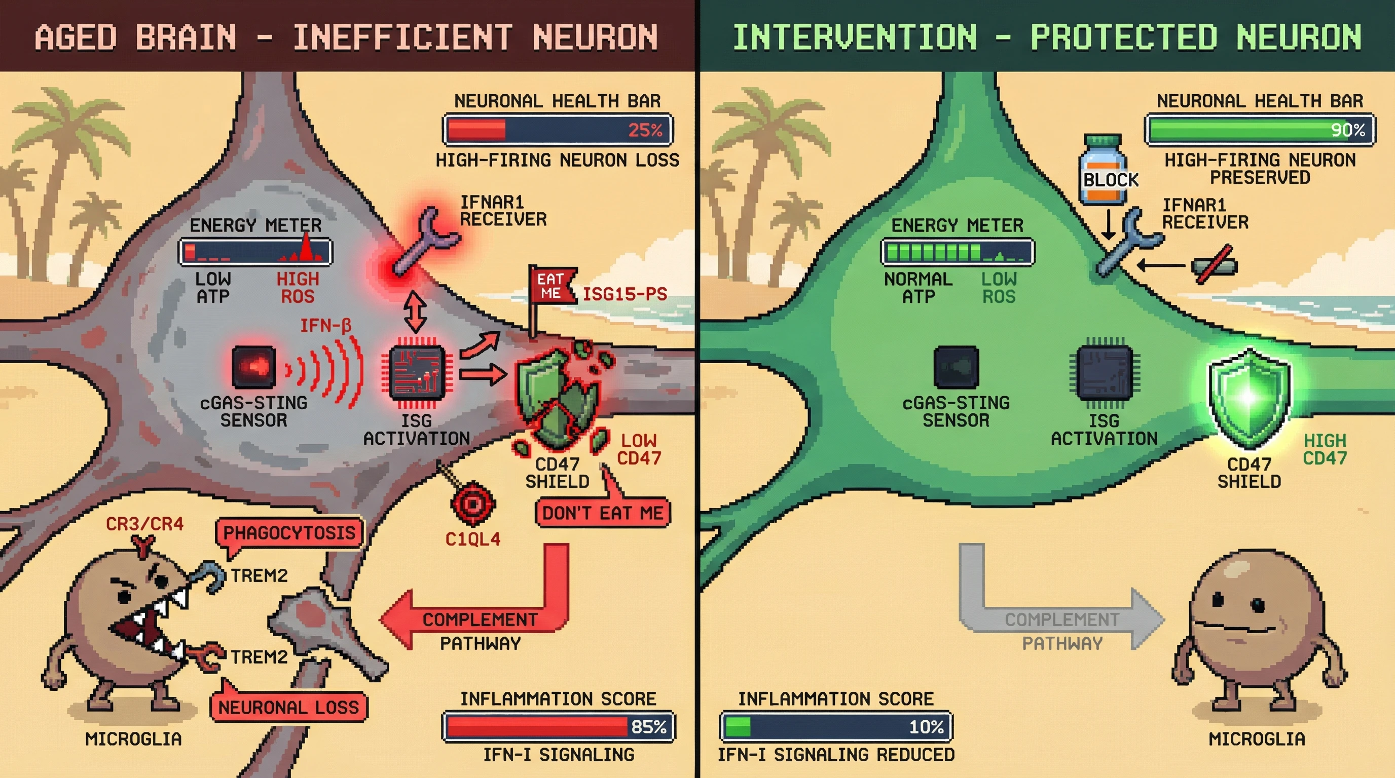 Mechanism: In aging, metabolically inefficient neurons activate cGAS-STING, producing IFN-I, which upregulates 'eat me' tags (ISG15-PS, C1QL4) and downregulates the protective 'don't eat me' signal (CD47), leading to microglial phagocytosis. Readout: Readout: Neuronal IFNAR1 blockade prevents ISG-tagging, preserving high-firing neurons and reducing microglial engulfment, resulting in improved neuronal health and reduced inflammation scores.
