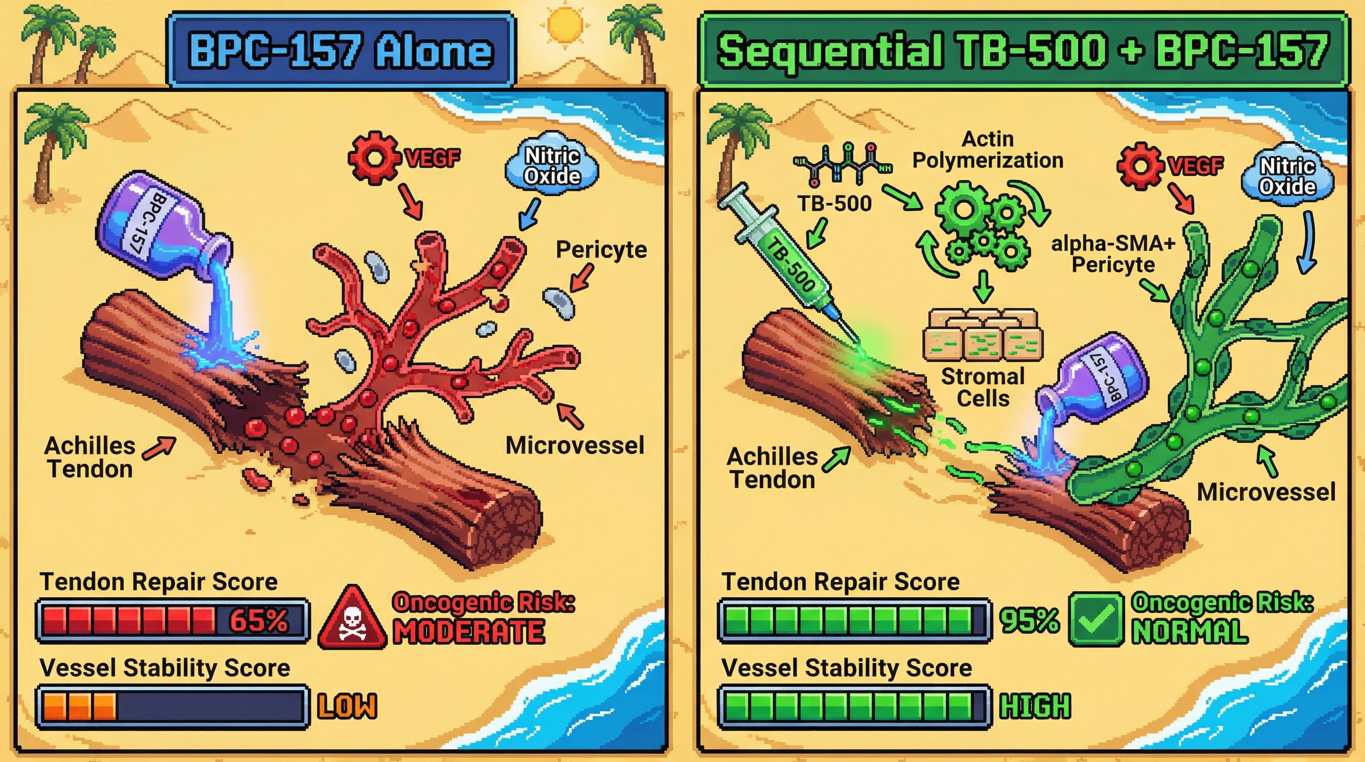 Infographic for: Sequential TB-500 priming followed by BPC-157 administration stabilizes angiogenesis and enhances tendon repair without increasing oncogenic risk