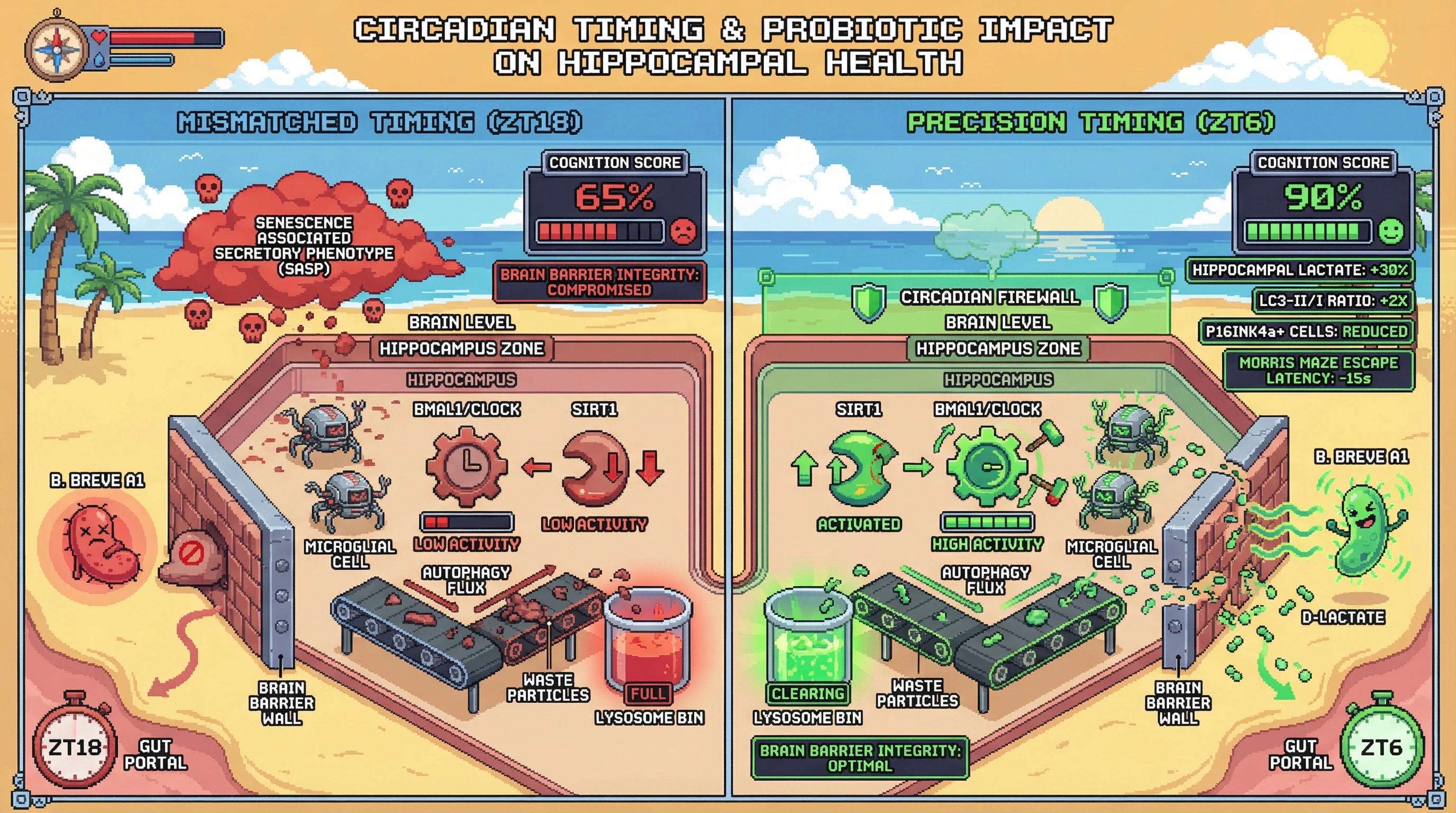 Infographic for: Chronobiotic Precision: Timing *Bifidobacterium breve* A1 to Reinforce Circadian Firewall and Protect Brain Aging