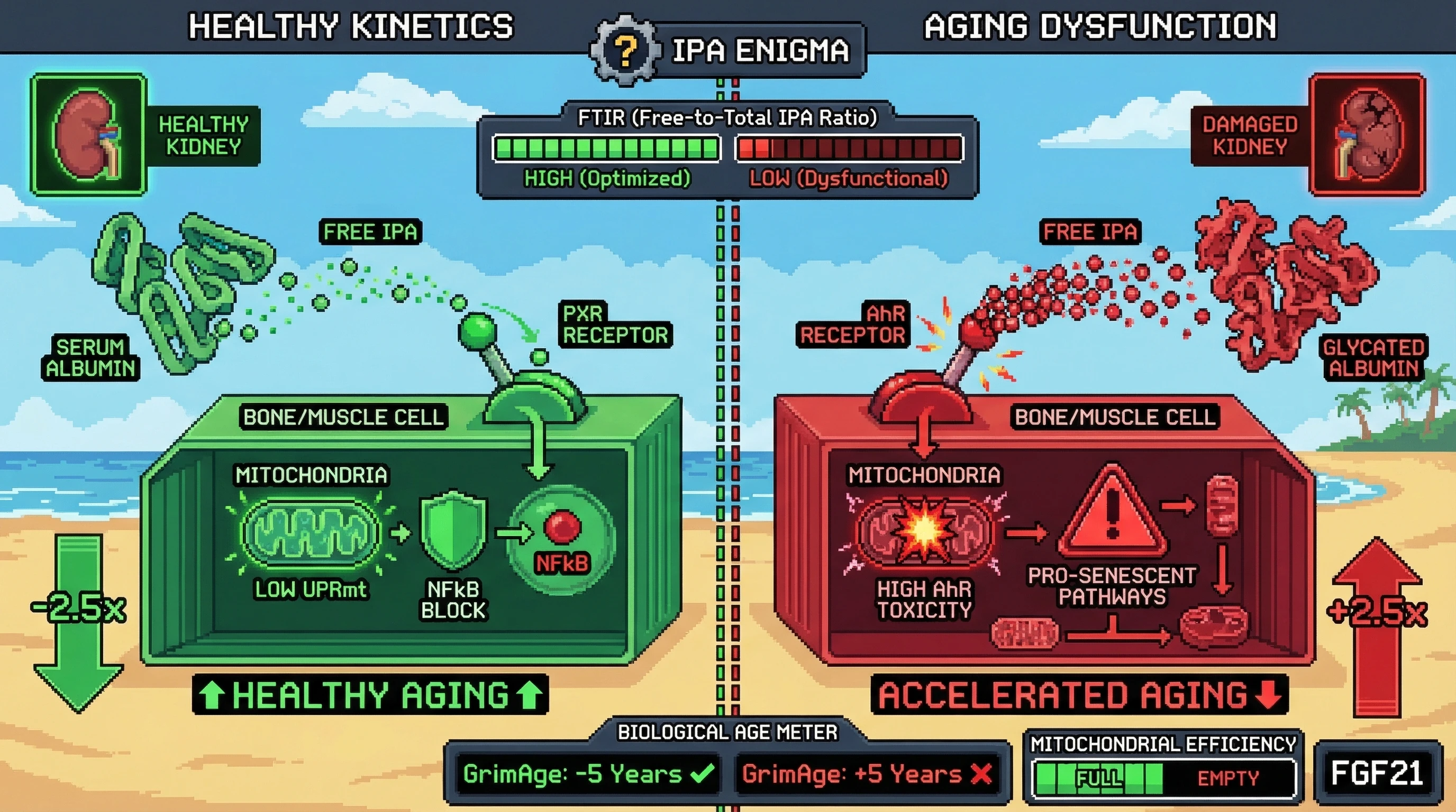 Mechanism: Serum albumin acts as a kinetic gatekeeper for IPA, where a balanced Free-to-Total IPA Ratio (FTIR) enables PXR-mediated mitochondrial proteostasis. Readout: Readout: High FTIR correlates with lower GrimAge and better mitochondrial efficiency, while dysfunctional albumin leads to AhR toxicity and accelerated aging.