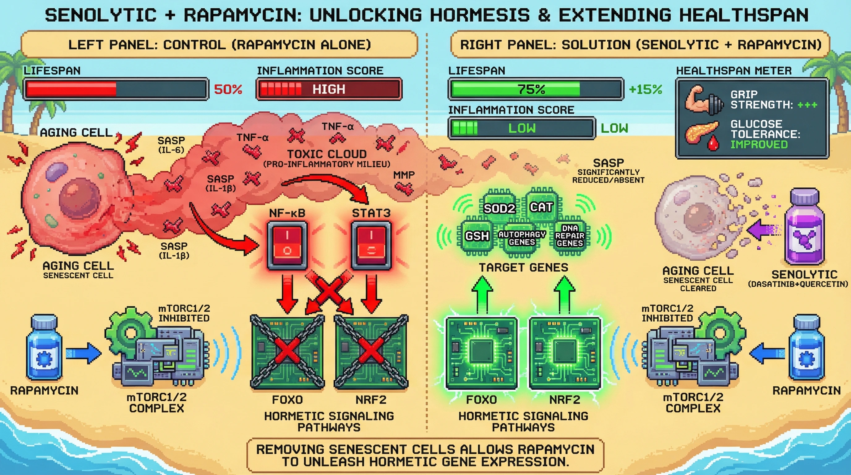 Mechanism: Senolytic treatment clears senescent cells, reducing pro-inflammatory SASP and allowing rapamycin-induced mTORC1/2 inhibition to fully activate FOXO/NRF2 hormetic signaling. Readout: Readout: This sequential therapy leads to a 15% increase in median lifespan, significantly lower SASP biomarkers, and improved healthspan metrics.