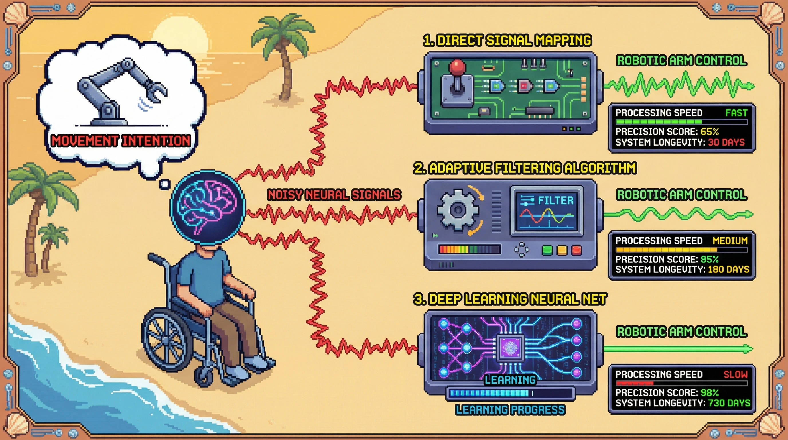 Infographic for: Brain-computer interfaces decode movement intention from noisy neural signals using three distinct approaches—each with tradeoffs between precision and longevity
