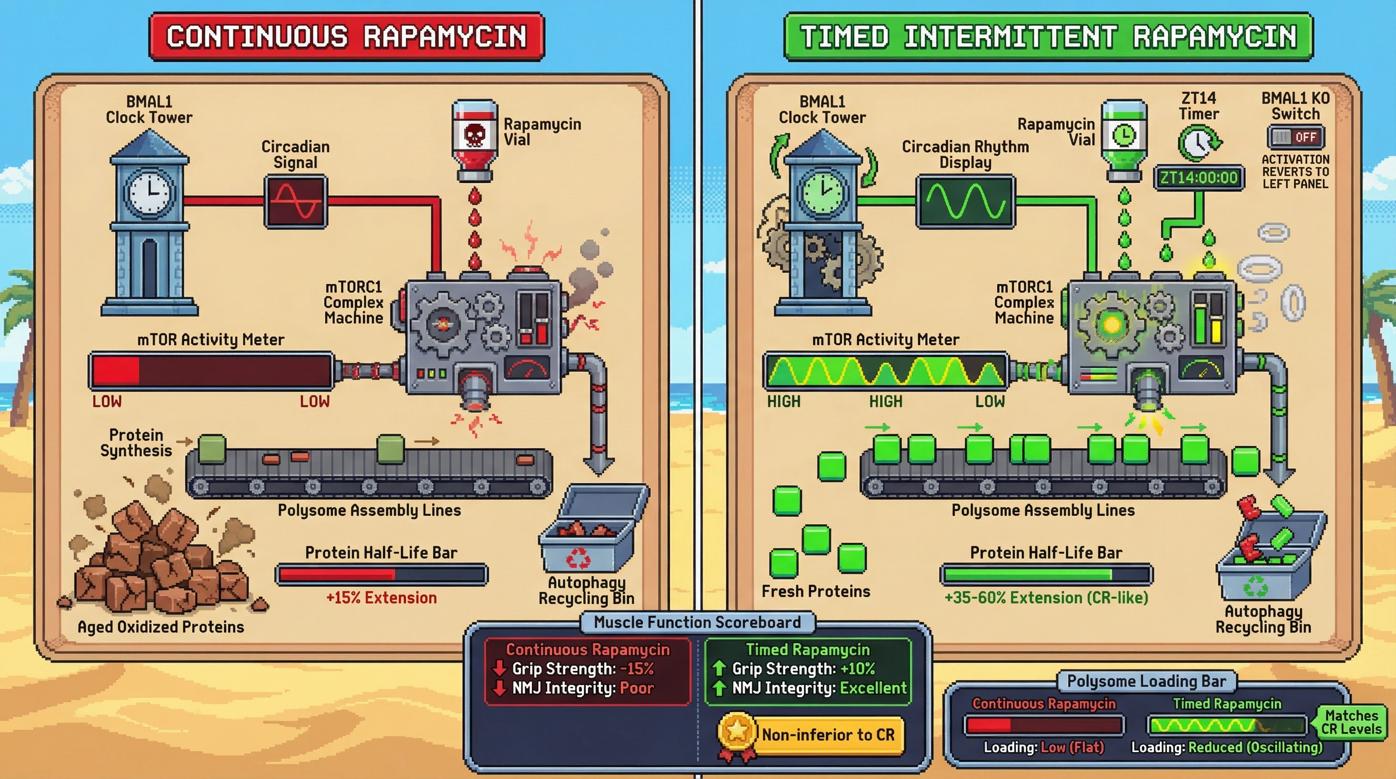 Infographic for: Circadian‑timed intermittent rapamycin dosing restores the proteostatic advantage of caloric restriction by rescuing BMAL1‑gated mTOR oscillation and reducing maladaptive protein half‑life extension