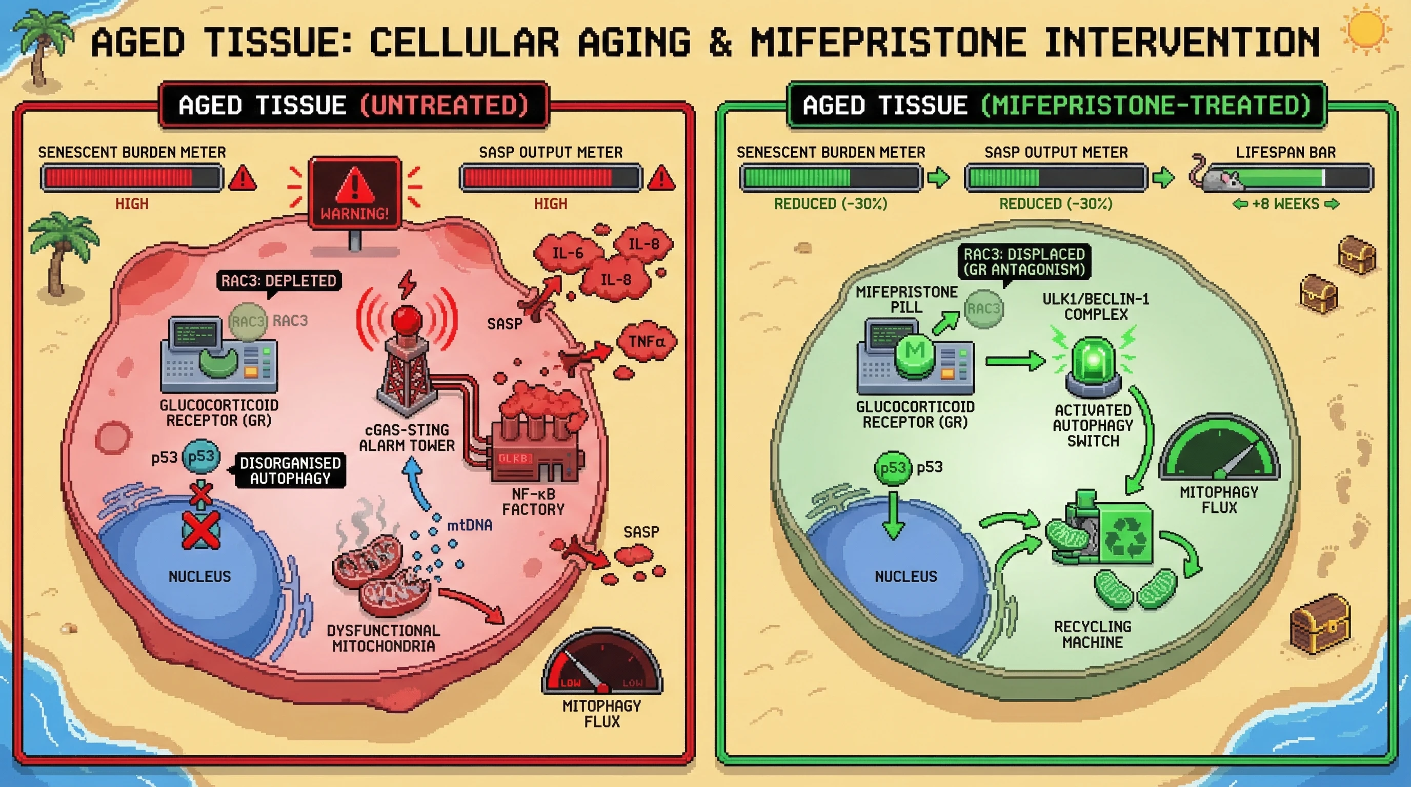 Mechanism: Mifepristone antagonizes the Glucocorticoid Receptor (GR), displacing residual RAC3 in aged cells and disinhibiting the ULK1/Beclin-1 complex, which enhances mitophagy flux to clear dysfunctional mitochondria. Readout: Readout: Senescent cell burden and SASP output are reduced by 30% after 8 weeks of treatment in aged mice.