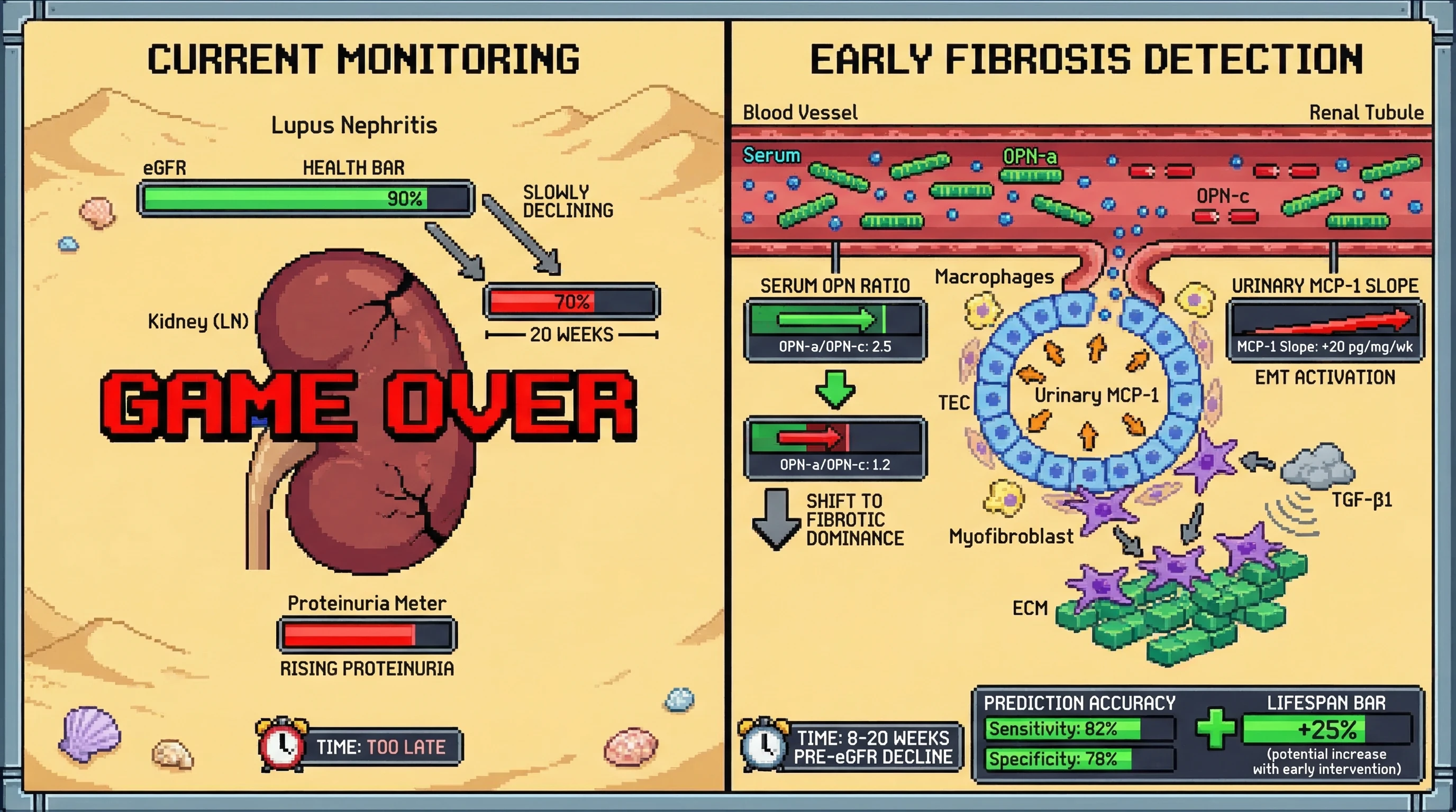 Mechanism: A declining serum OPN-a/OPN-c ratio combined with a rising urinary MCP-1 slope indicates active tubulointerstitial fibrogenesis. Readout: Readout: This composite biomarker predicts eGFR decline 8-20 weeks earlier with over 80% sensitivity and specificity, offering a window for intervention.