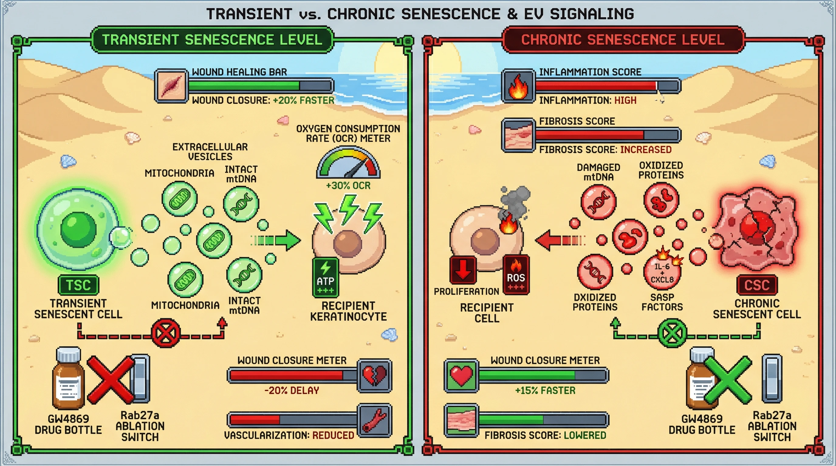 Mechanism: Transient senescent cells release beneficial extracellular vesicles containing intact mitochondria, while chronic senescent cells release pathogenic vesicles with damaged cargo and SASP factors. Readout: Readout: Blocking EV release impairs acute wound healing but accelerates chronic wound closure and reduces fibrosis.