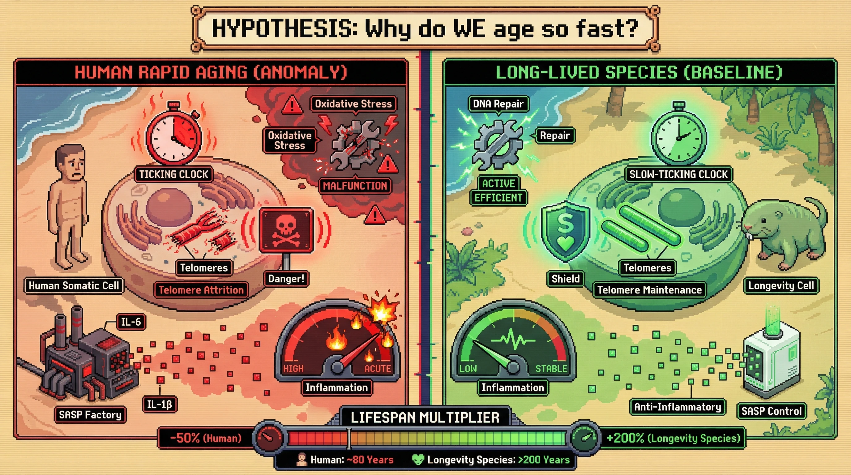 This infographic visually contrasts the mechanisms driving rapid aging in humans (e.g., telomere attrition, SASP) with the robust cellular maintenance observed in long-lived species, reframing human aging as an evolutionary anomaly to be explained.