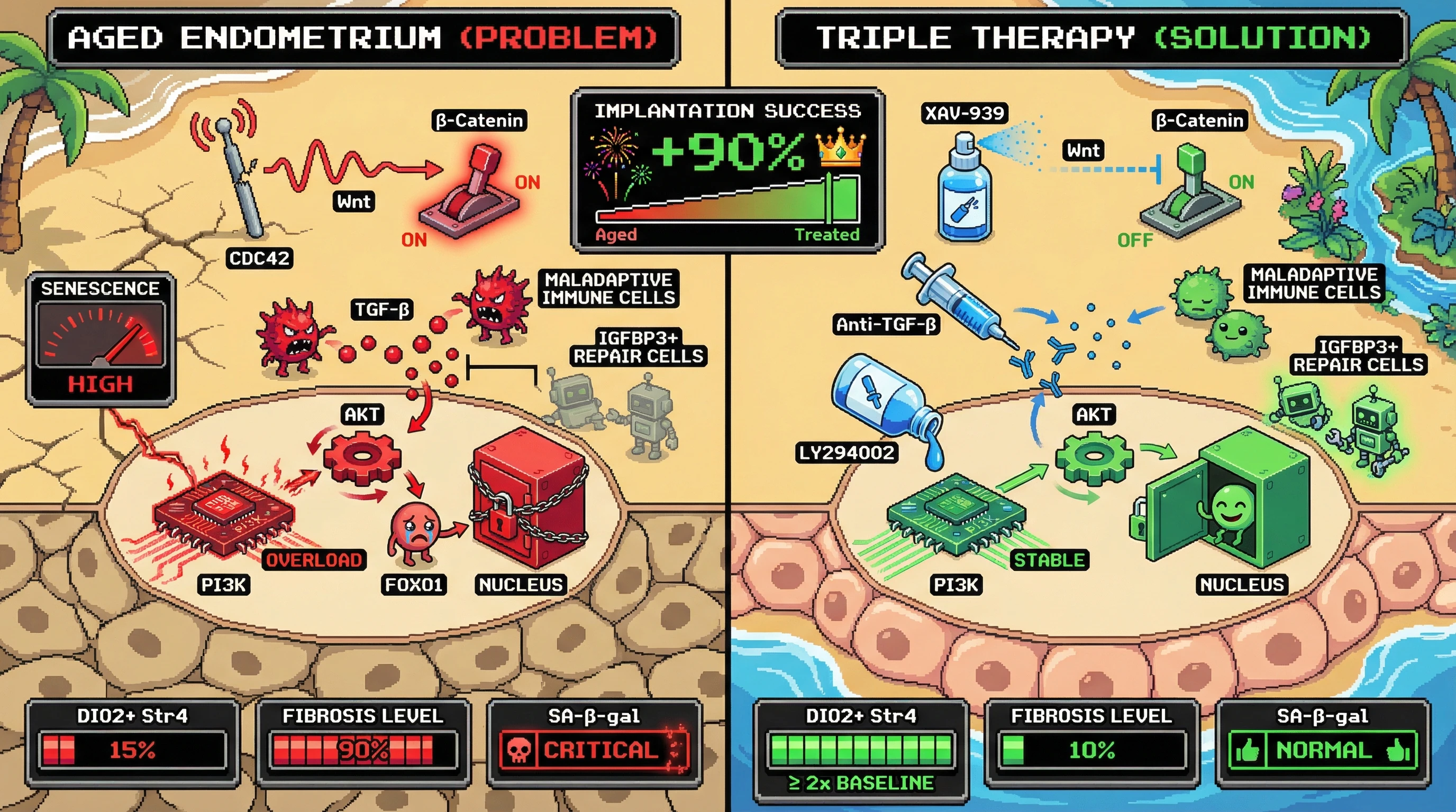 Infographic for: Dual PI3K/Wnt inhibition combined with TGF‑β neutralization restores DIO2+ decidual stromal cells and rescues age‑related implantation failure