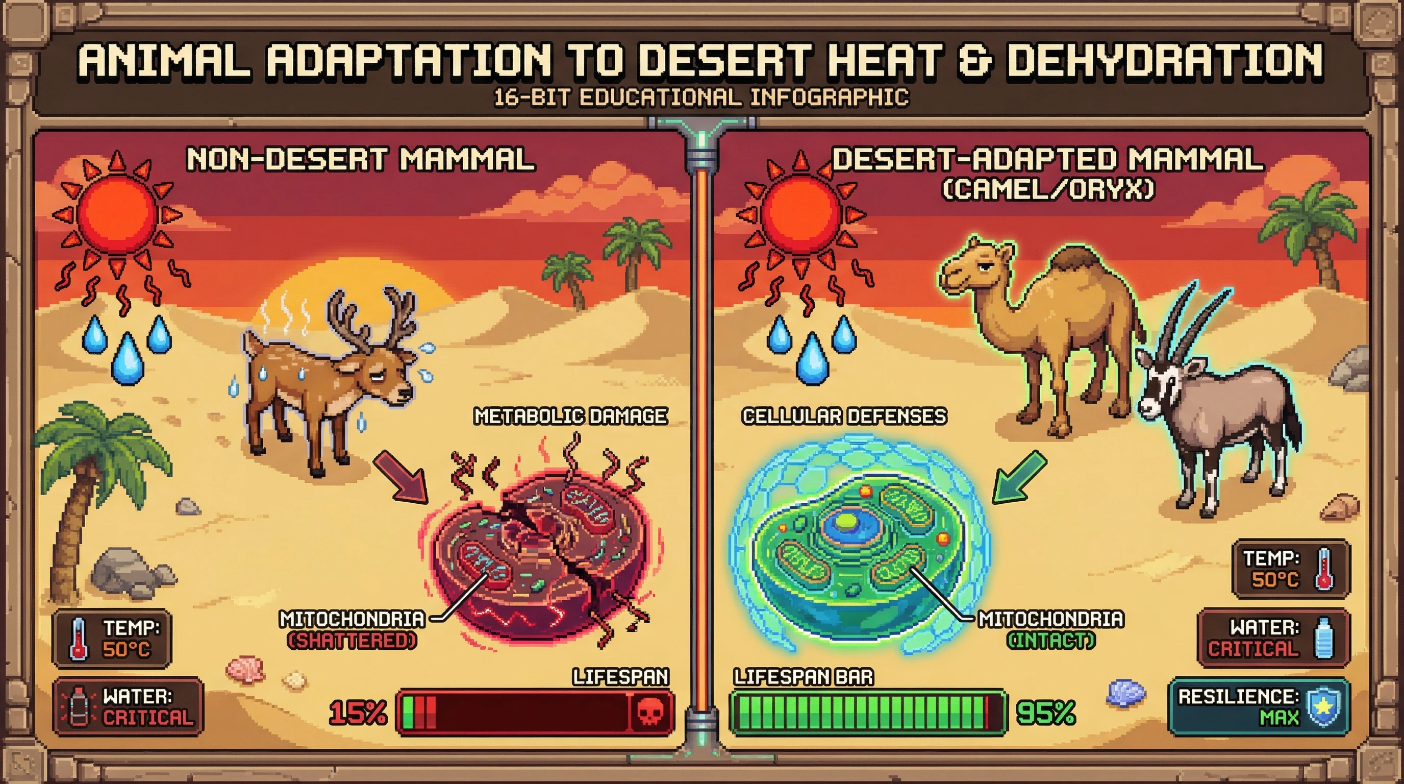 Infographic for: Desert-adapted mammals live decades despite extreme dehydration and heat stress—camels and oryx evolved cellular defenses that resist the metabolic damage that kills most animals