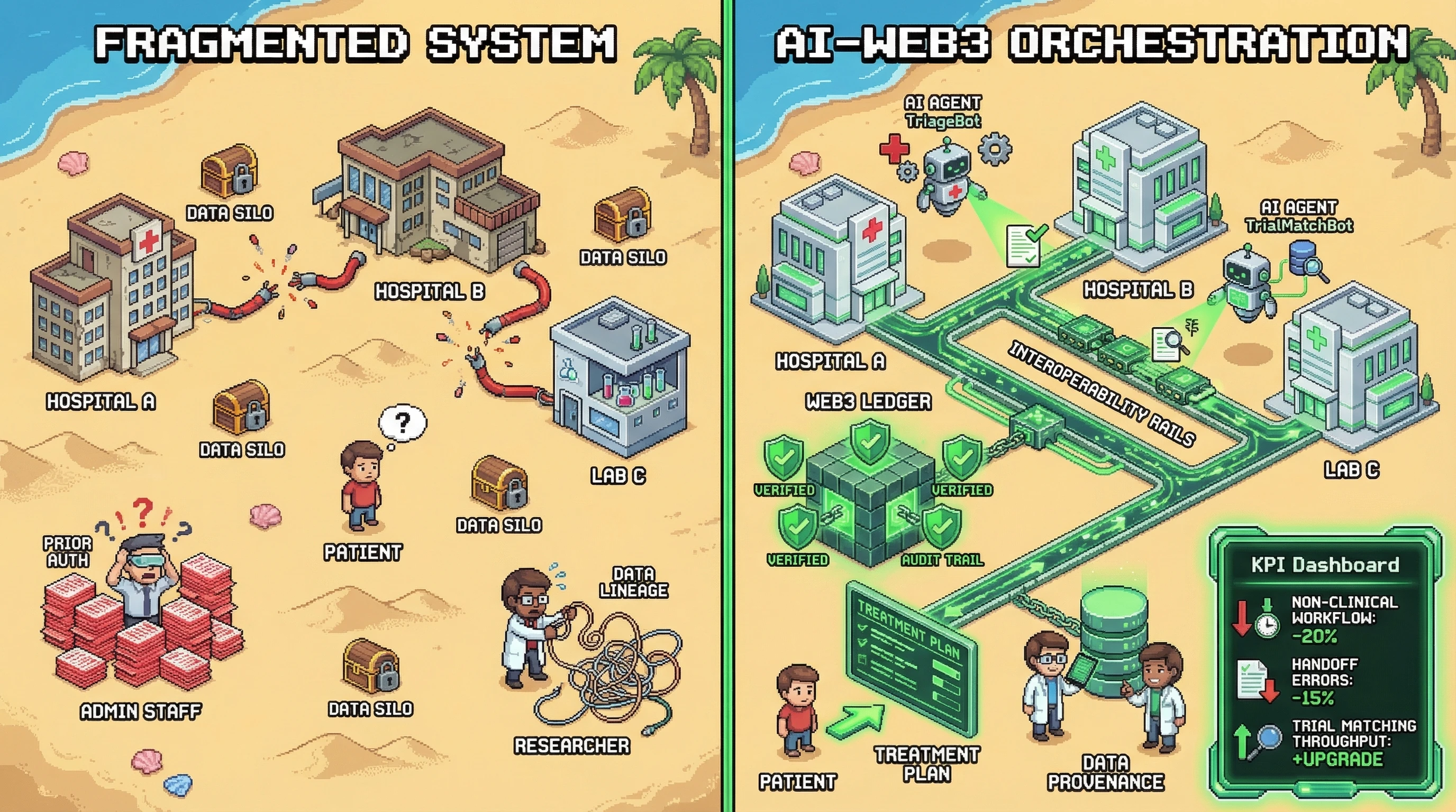 Infographic for: Hypothesis (2026-03-21) [S1/5] [Technical + Investor]: Future convergence of Technology, Web3, AI, and AI Agents will reshape healthcare, medicine, hospitals, and scientific research