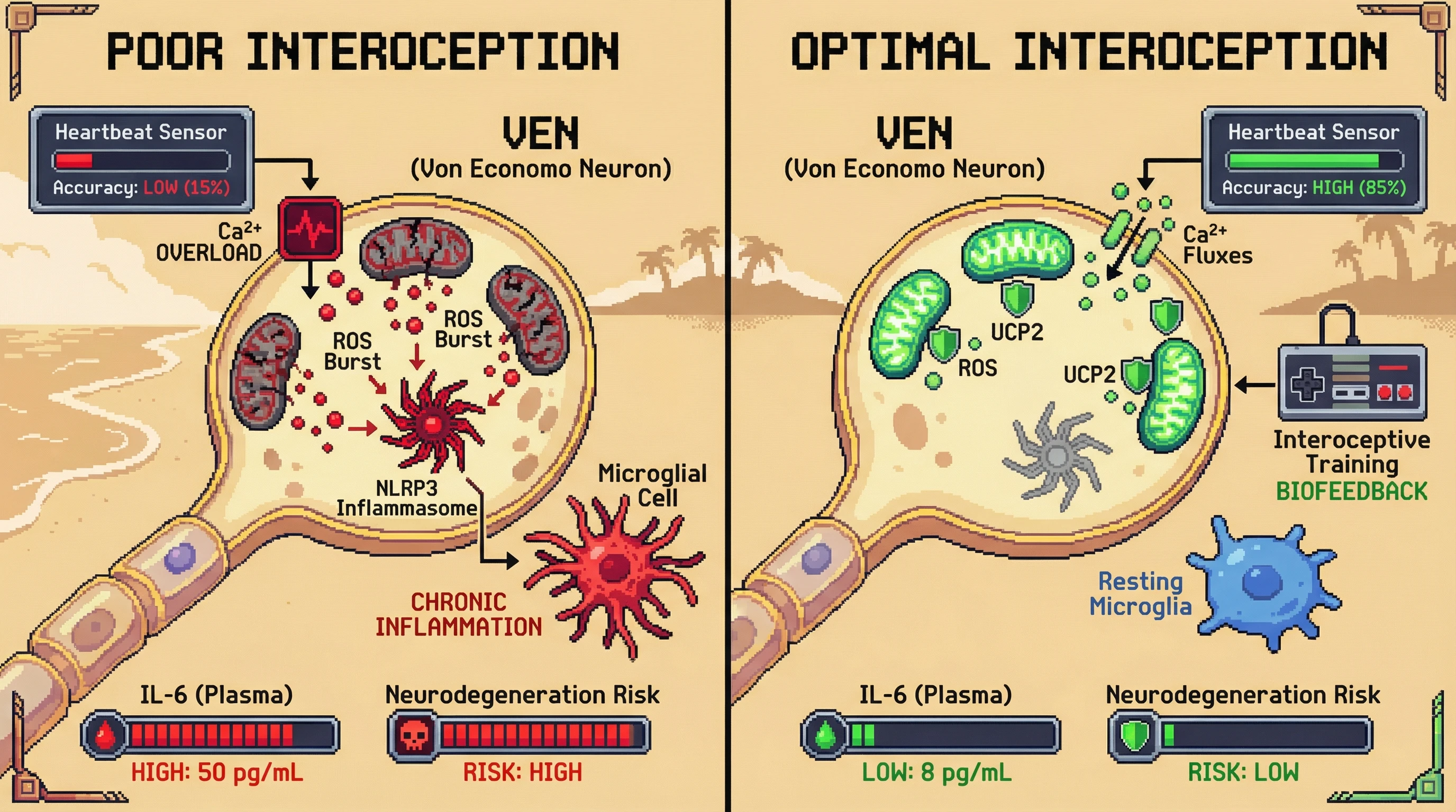 Mechanism: Poor interoceptive accuracy leads to calcium overload in Von Economo Neurons, causing mitochondrial ROS bursts that activate the NLRP3 inflammasome and drive chronic microglial inflammation. Readout: Optimal interoception, potentially enhanced by training, activates UCP2 to limit ROS, preserving VEN integrity and reducing inflammation.