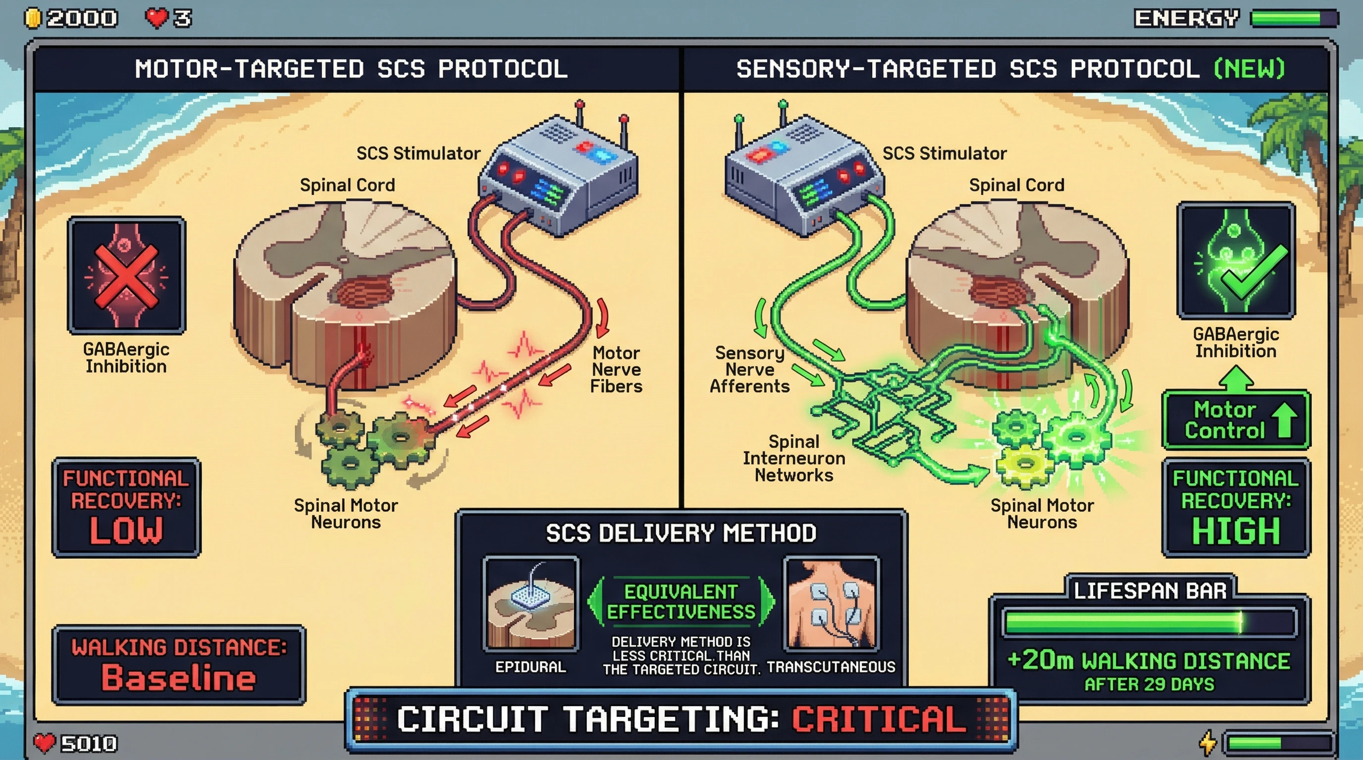 This infographic contrasts two spinal cord stimulation (SCS) strategies: traditional motor-targeted versus the more effective sensory-targeted approach. It illustrates that activating sensory nerves through spinal interneurons leads to superior functional recovery, regardless of whether the stimulation is epidural or transcutaneous.