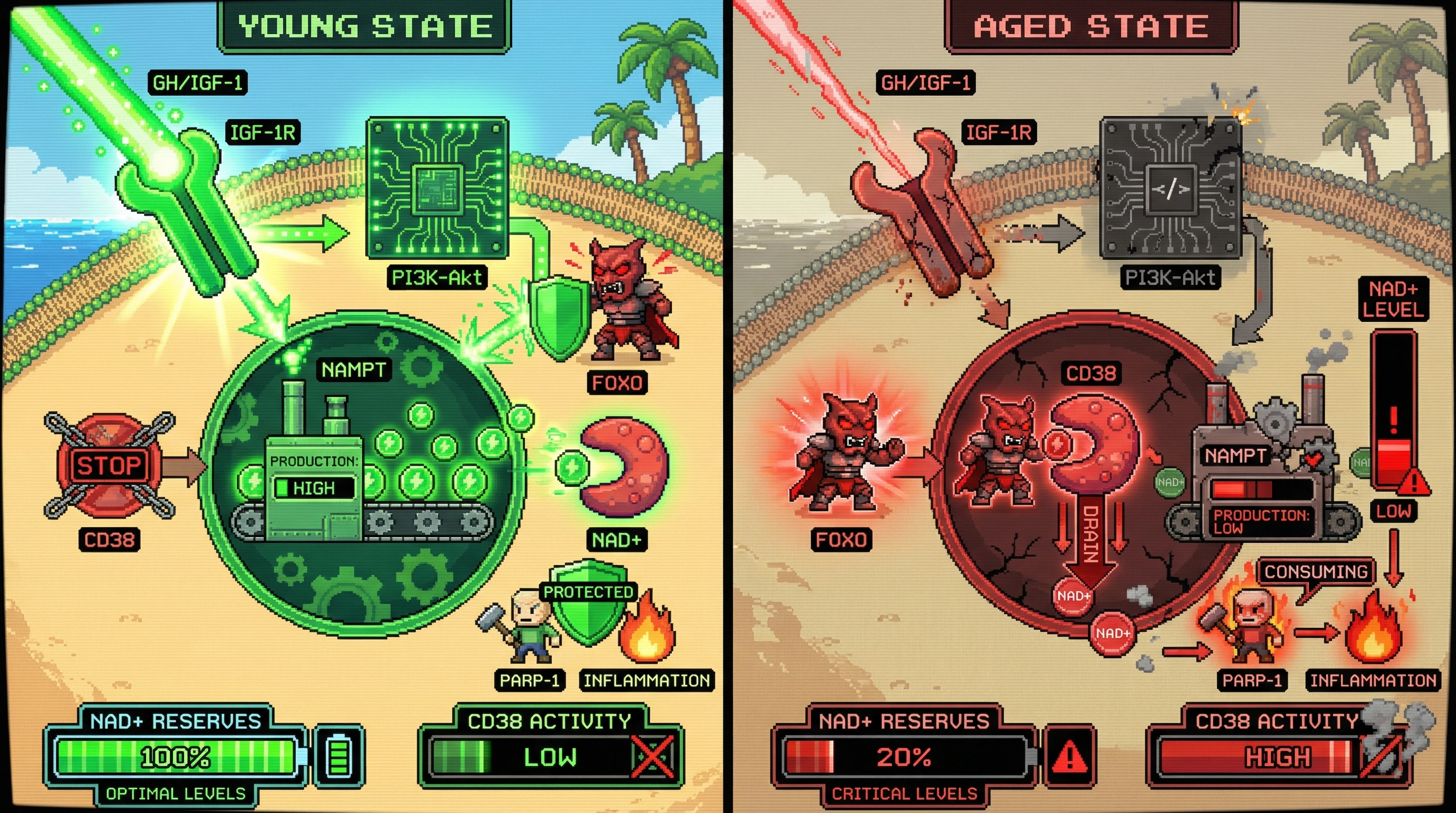 Infographic for: GH/IGF-1 Decline Drives Adaptive NAD+ Downregulation via FOXO-Mediated CD38 Upregulation and NAMPT Suppression