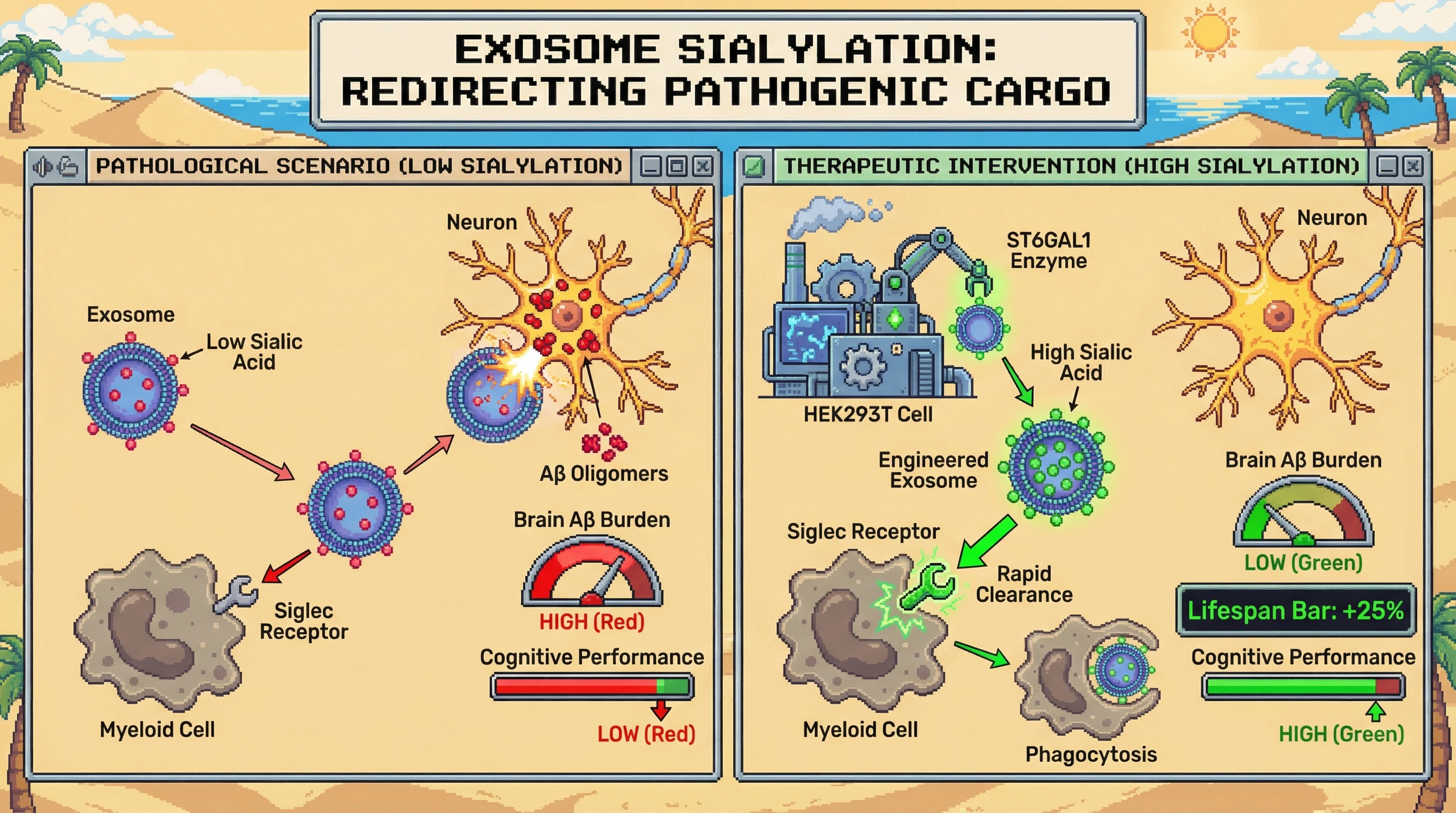 Mechanism: Engineered exosome surface sialylation (via ST6GAL1) increases engagement with myeloid cell Siglec receptors, diverting pathogenic Aβ oligomers away from neurons. Readout: Readout: This redirection leads to decreased brain Aβ burden and improved cognitive performance, potentially extending lifespan.
