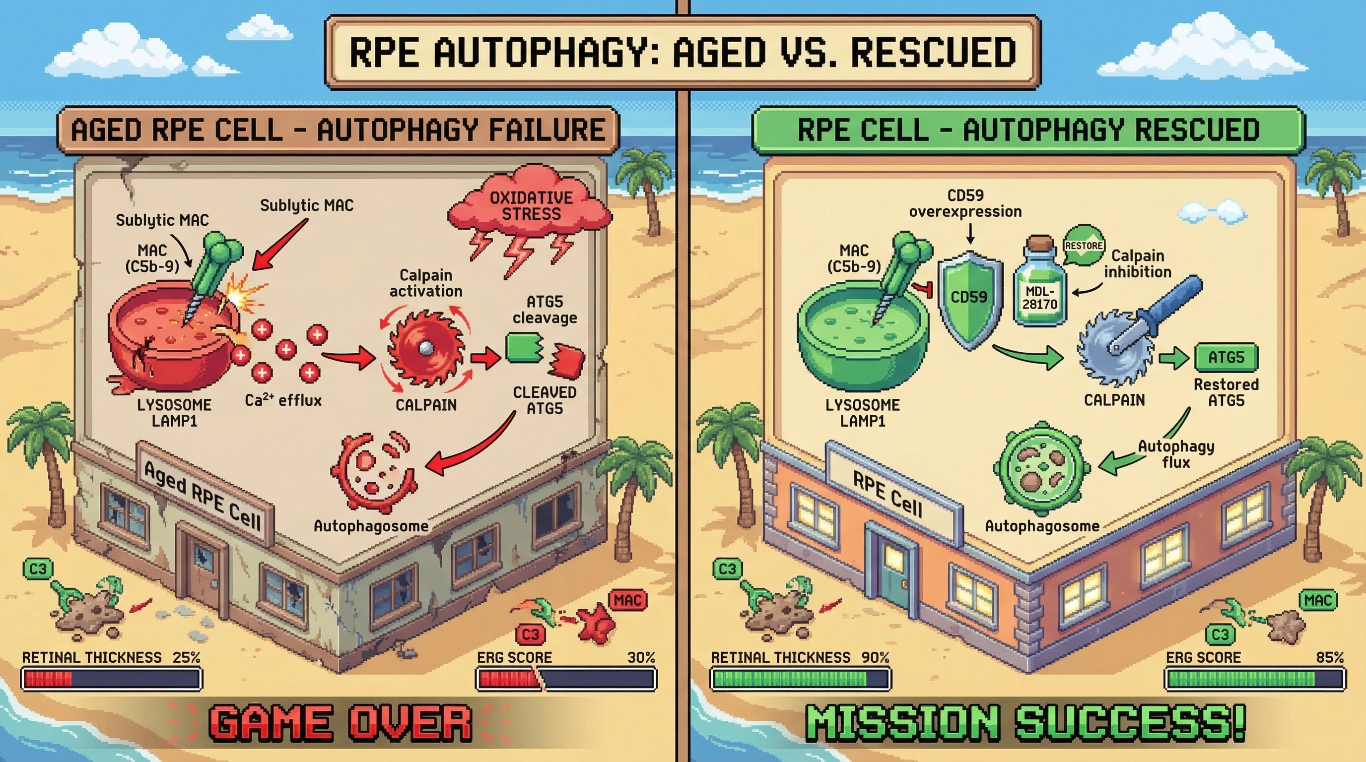 Mechanism: In aged RPE, sublytic MAC triggers lysosomal calcium efflux, activating calpains that cleave ATG5, leading to autophagy failure. Readout: Readout: Inhibiting calpain or blocking MAC preserves ATG5 integrity and autophagic flux, increasing retinal thickness and ERG scores.