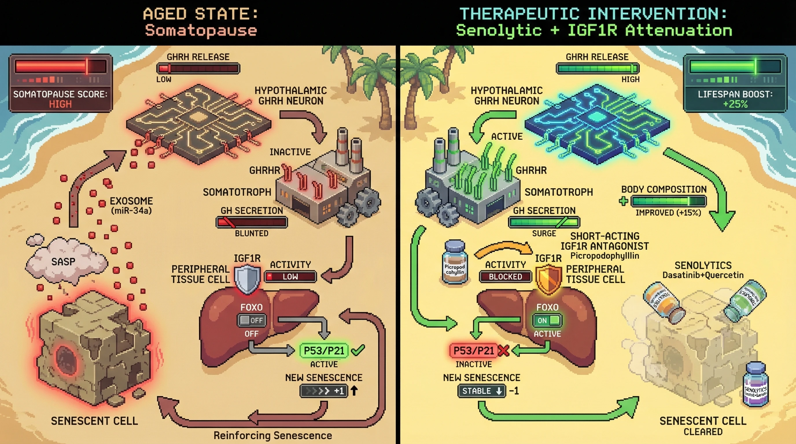 Infographic for: TheSenescent Cell–GHRH Axis: A Bidirectional Feedback Loop that Governs Somatopause and Determines the Outcome of Senolytic Therapy