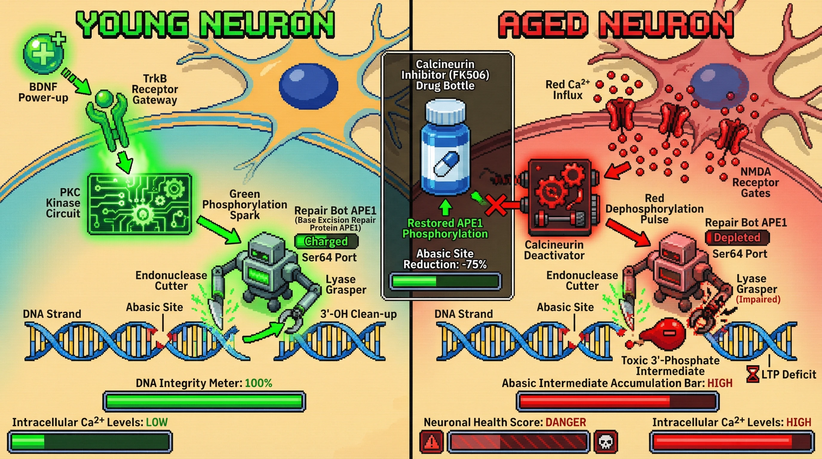 Infographic for: Activity-dependentAPE1 dephosphorylation creates a BER lyase bottleneck that drives toxic abasic site accumulation in aging neurons