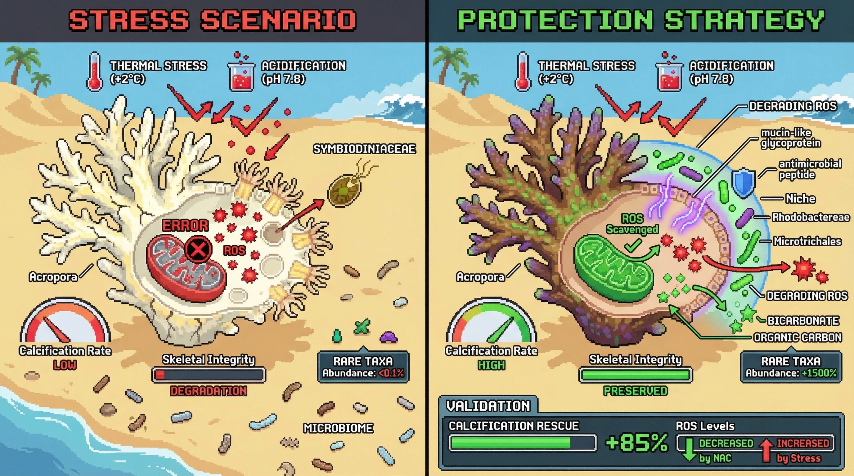 Infographic for: Host-mediated oxidative primingselects for rare microbiome taxa that buffer calcification under combined thermal and acidification stress