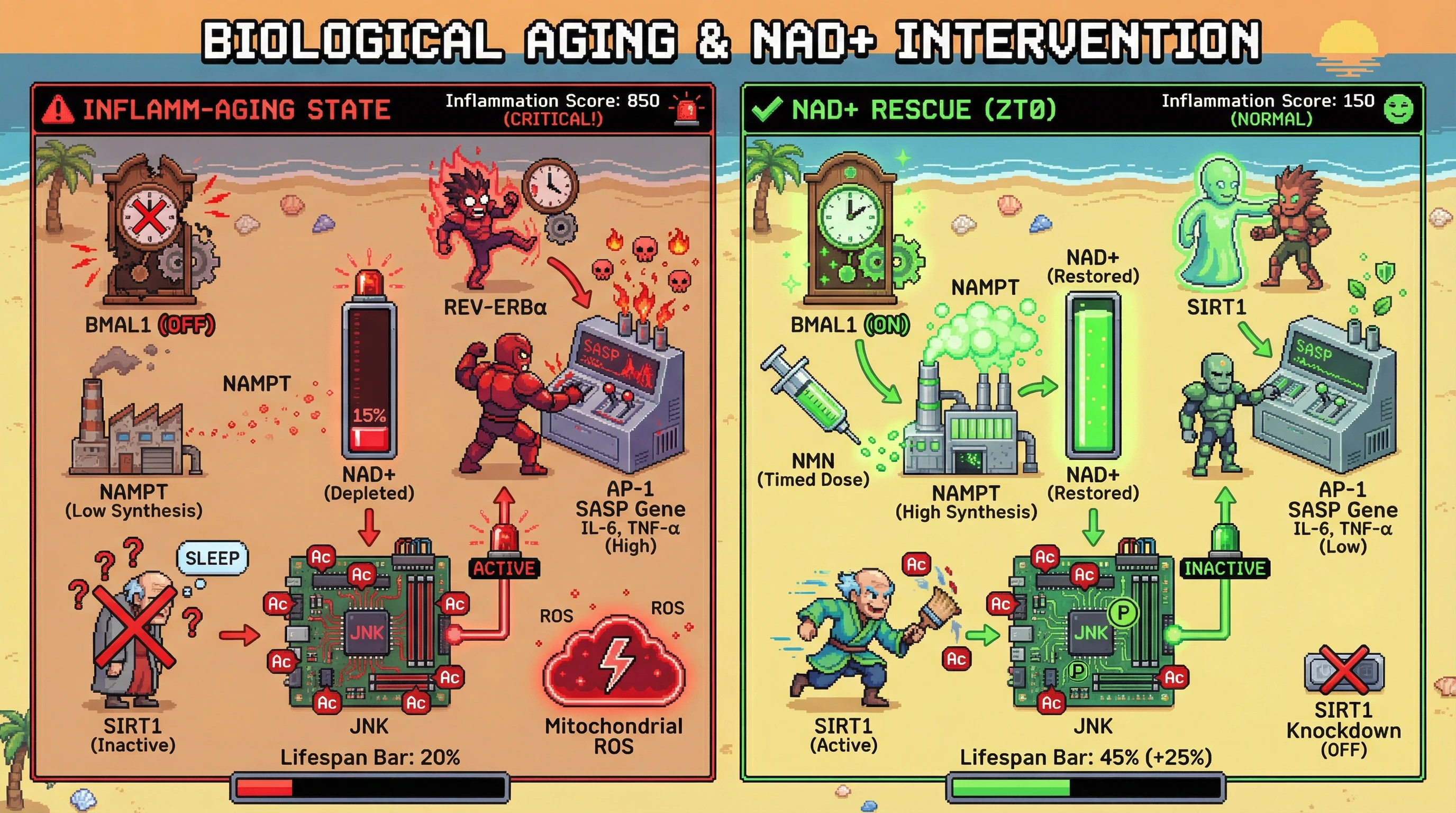Mechanism: Timed NAD+ augmentation with NMN restores SIRT1 activity, which deacetylates and suppresses the JNK-AP-1 inflammatory pathway. Readout: Readout: This intervention reduces serum IL-6 and TNF-α levels, decreases the 'Inflammation Score', and increases the 'Lifespan Bar' by 25%.