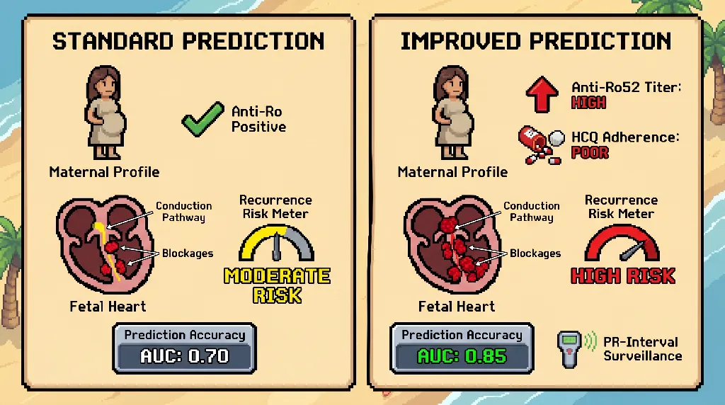 Infographic for: Hypothesis: anti-Ro52 titer plus hydroxychloroquine adherence will outperform anti-Ro positivity alone for predicting recurrent autoimmune congenital heart block