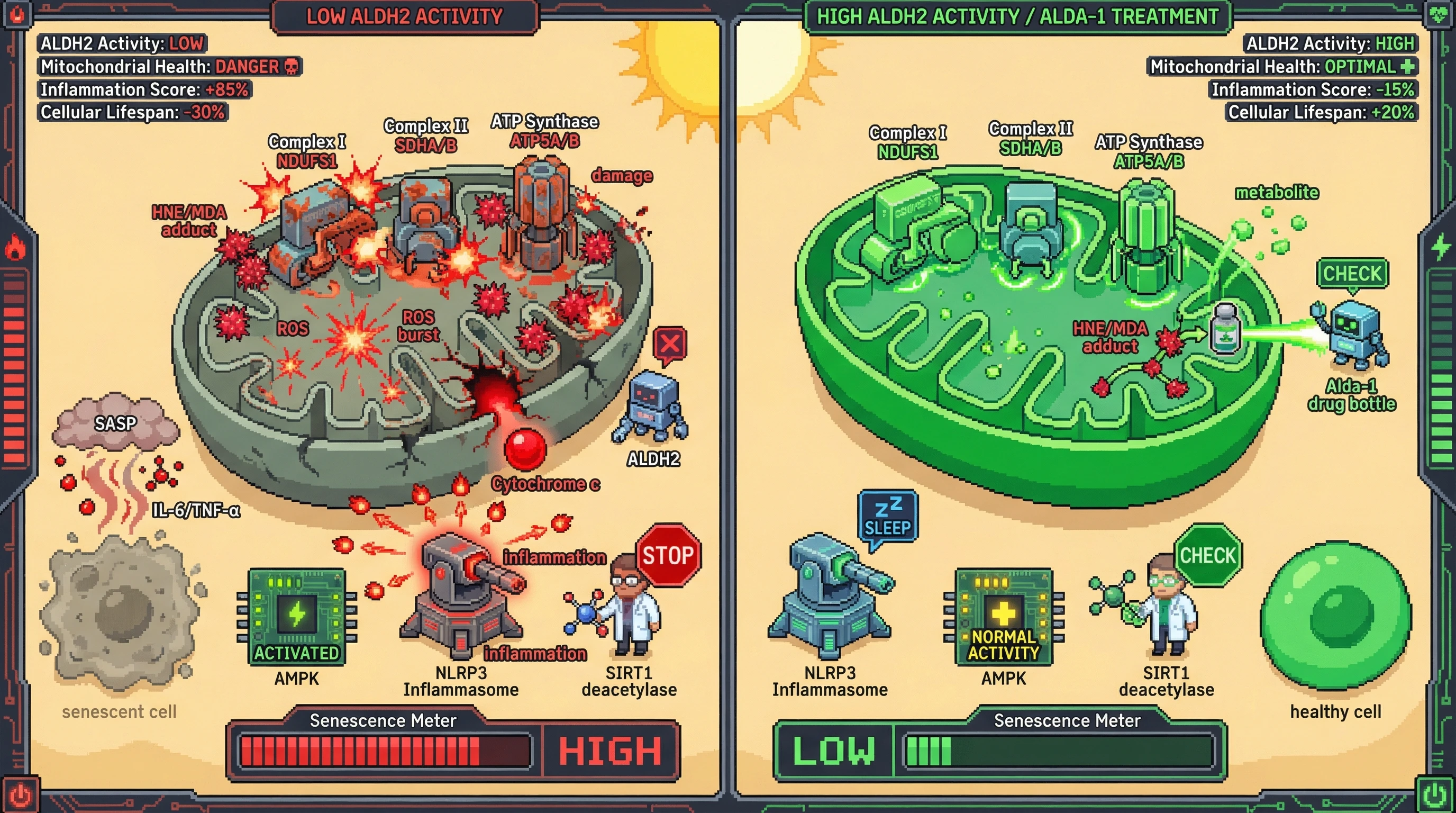 Infographic for: ALDH2 Determines Strain‑Specific Lipid Peroxidation Adduct Burden and Senescence via Mitochondrial Protein Modification