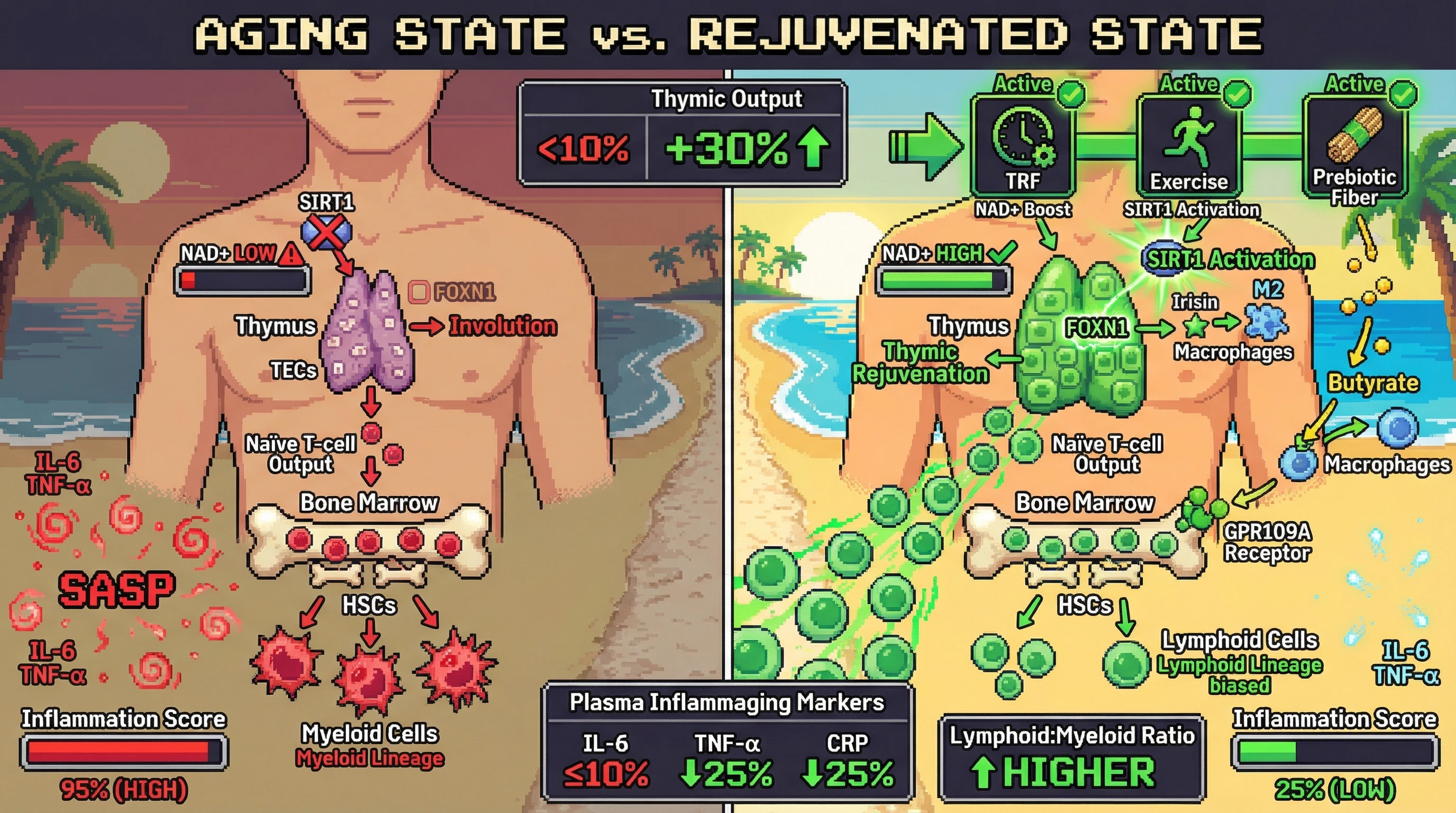 Infographic for: CombinedTime-Restricted Feeding, Exercise, and Prebiotic Fiber Restores Thymic Function and Lowers Inflammaging Better Than Single-Agent Anti-Inflammatory Drugs in Aging Humans